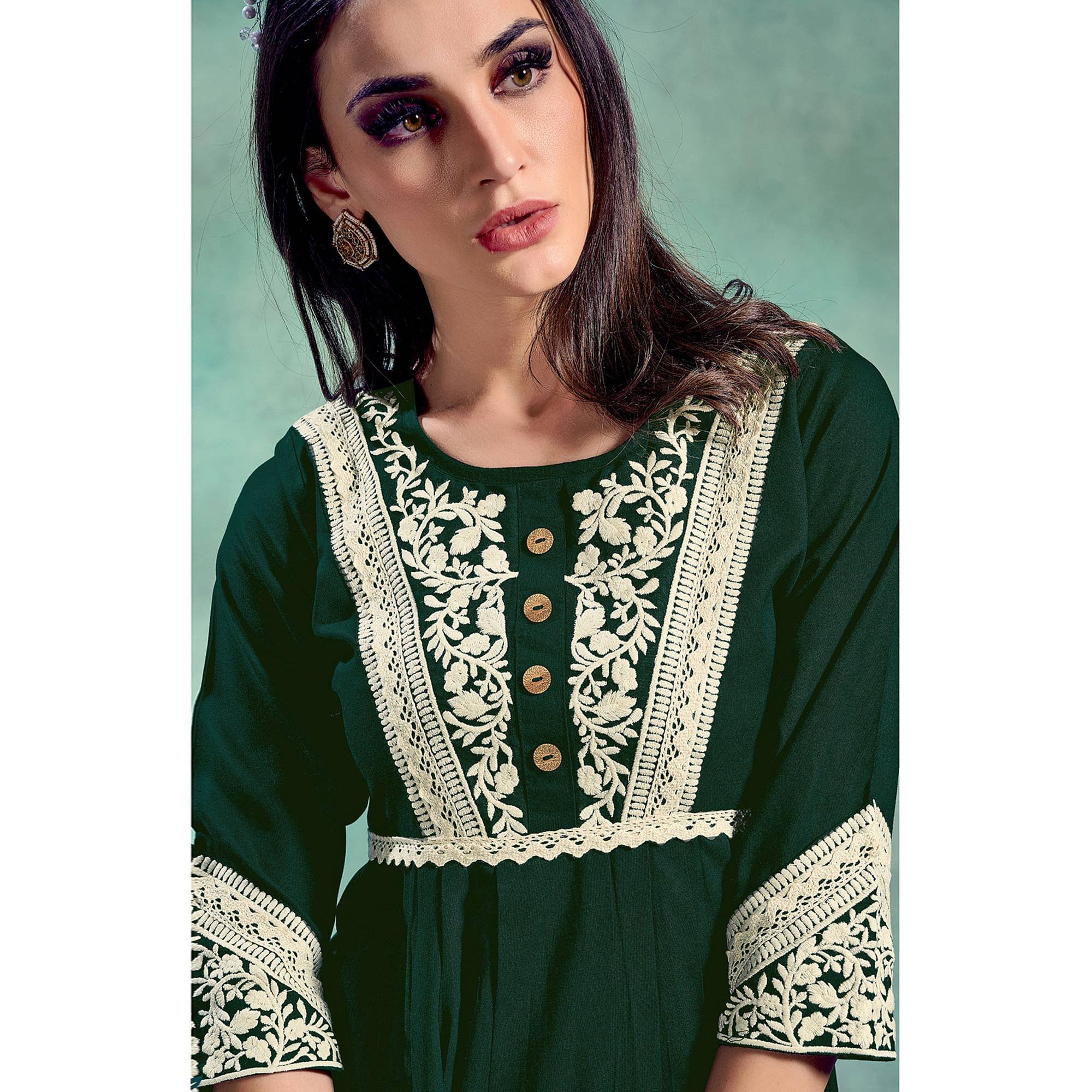 Fantastic Green Colored Partywear Lucknowi Embroidered Pure Rayon Fancy Kurti - Peachmode