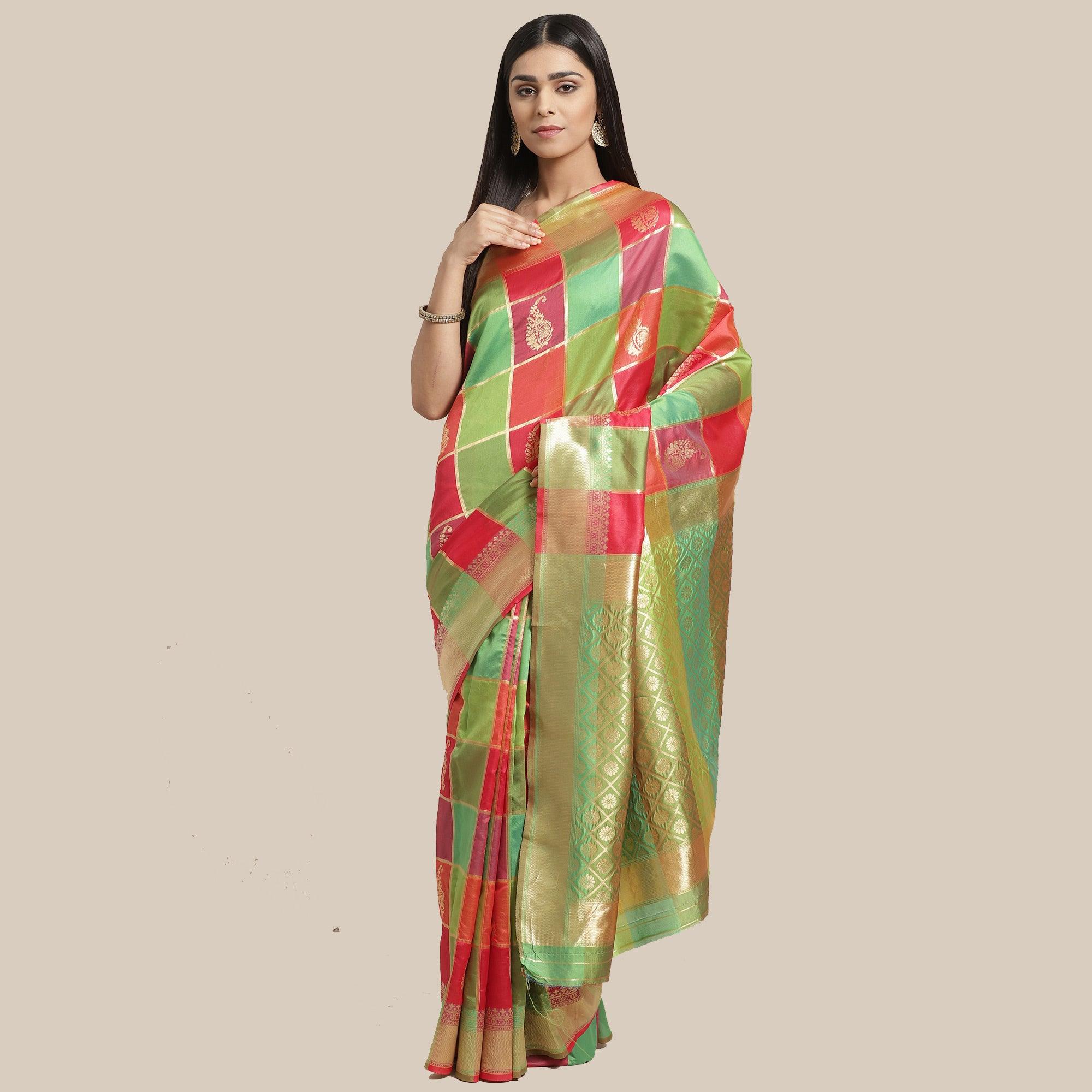 Fantastic Green-Pink Colored Festive Wear Woven Silk Blend Saree - Peachmode