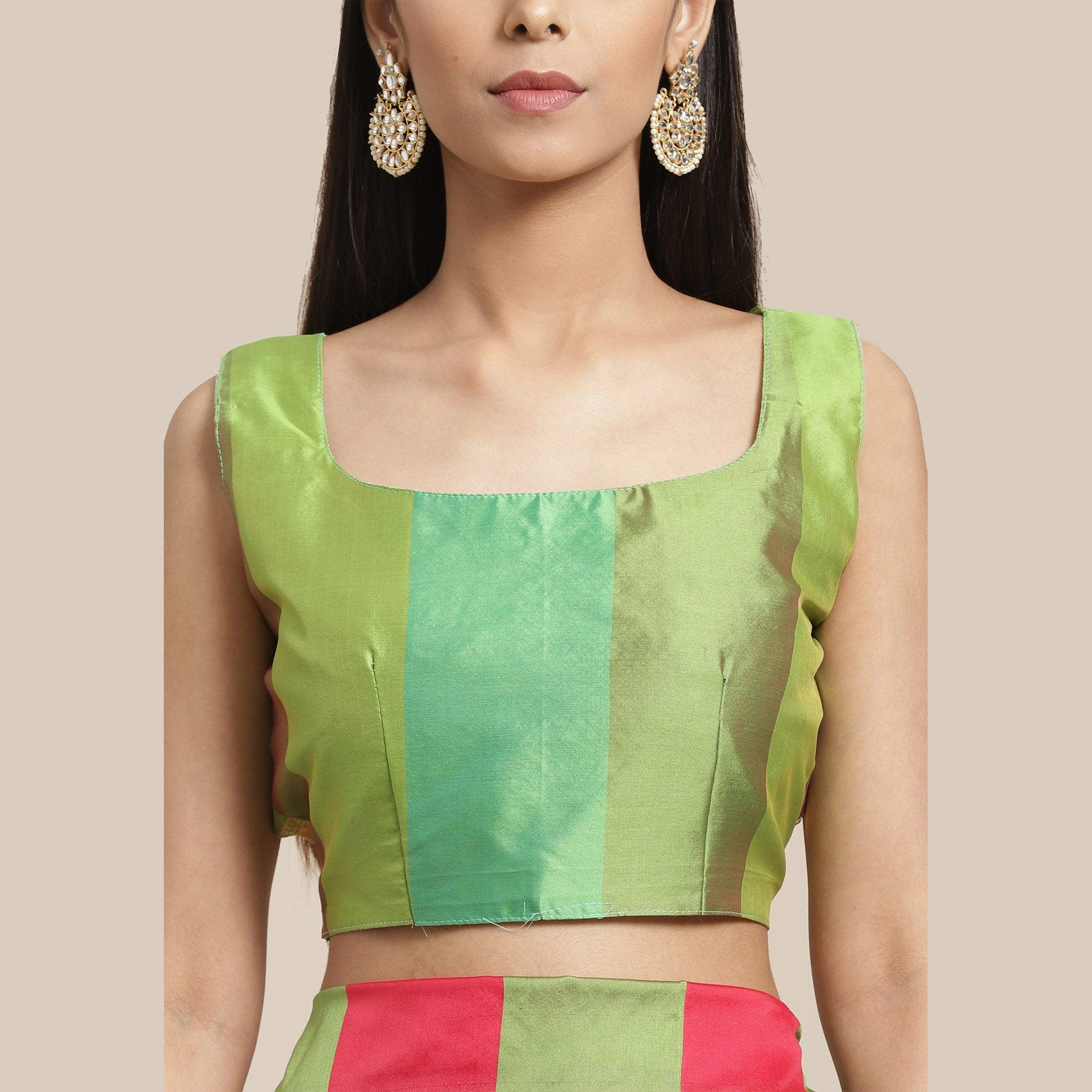 Fantastic Green-Pink Colored Festive Wear Woven Silk Blend Saree - Peachmode