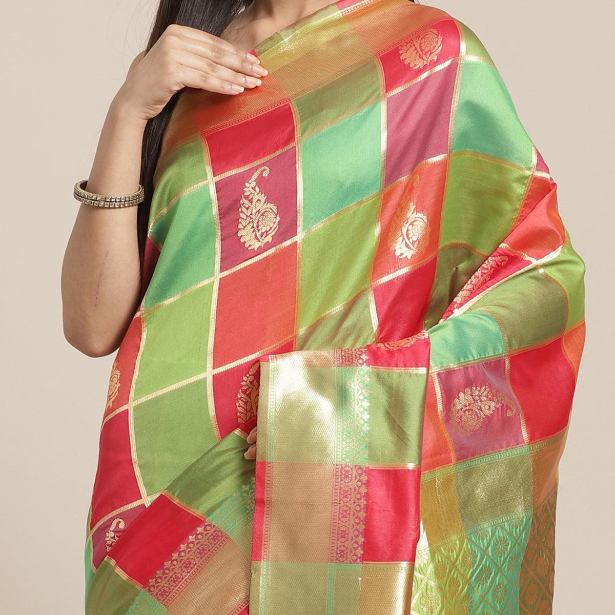 Fantastic Green-Pink Colored Festive Wear Woven Silk Blend Saree - Peachmode