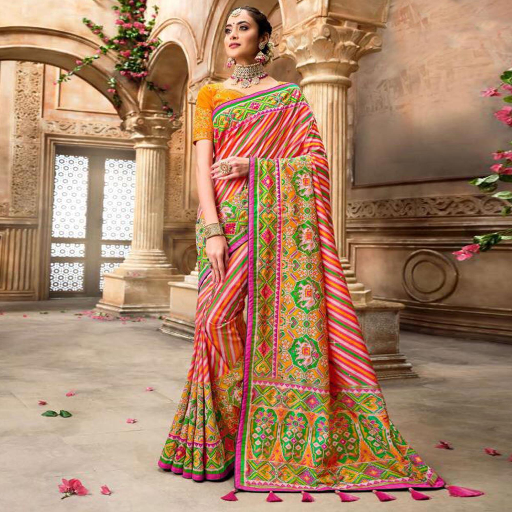 Fantastic Green-Pink Colored Resham With Mirror Khatli Work Festive Wear Patan Patola Silk Saree - Peachmode