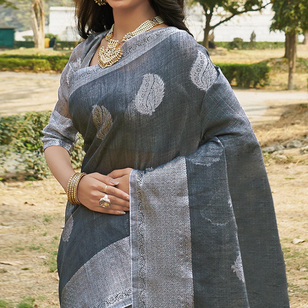 Fantastic Grey Colored Festive Wear Woven Linen Cotton Saree - Peachmode