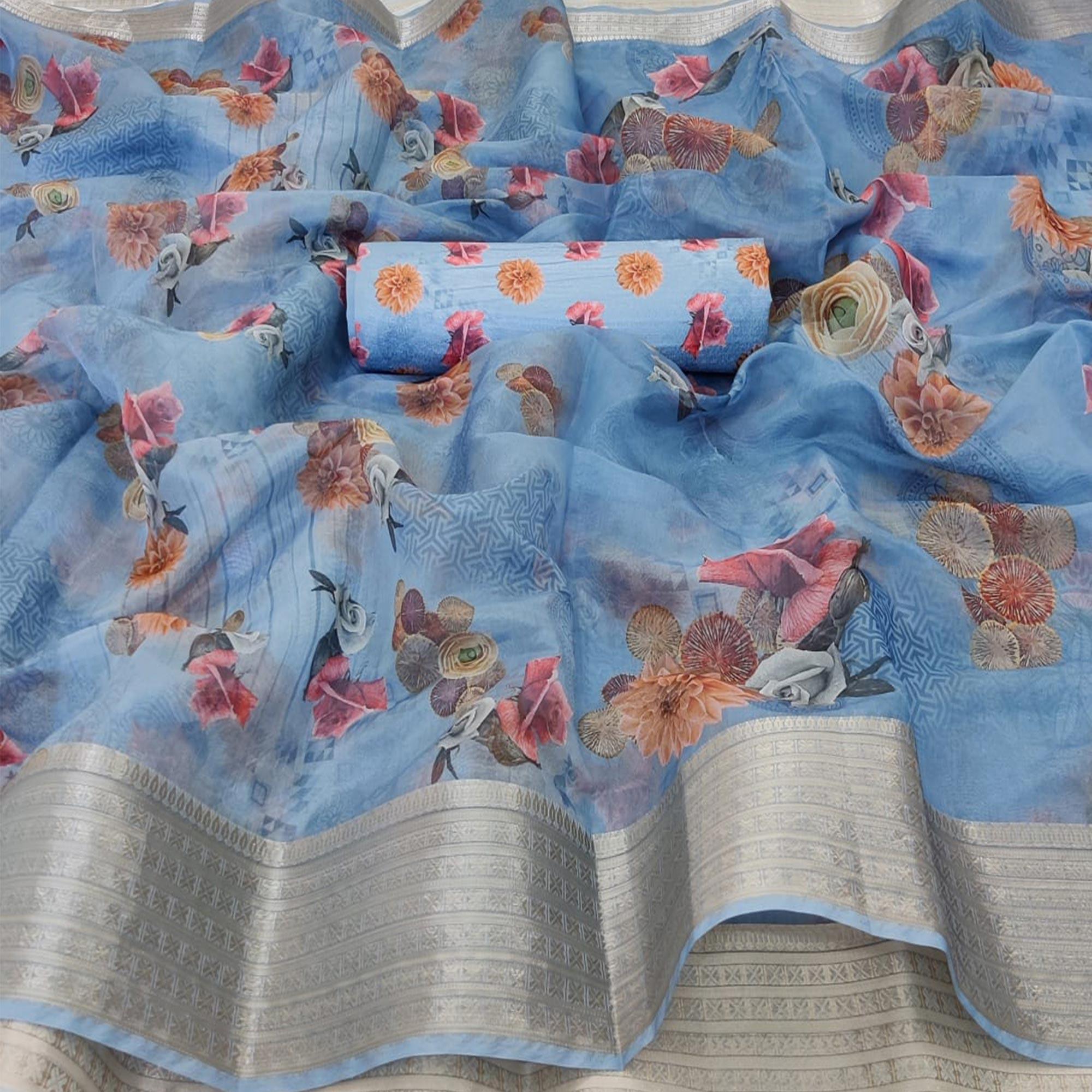 Fantastic Light Blue Colored Partywear Digital Printed Georgette Saree - Peachmode