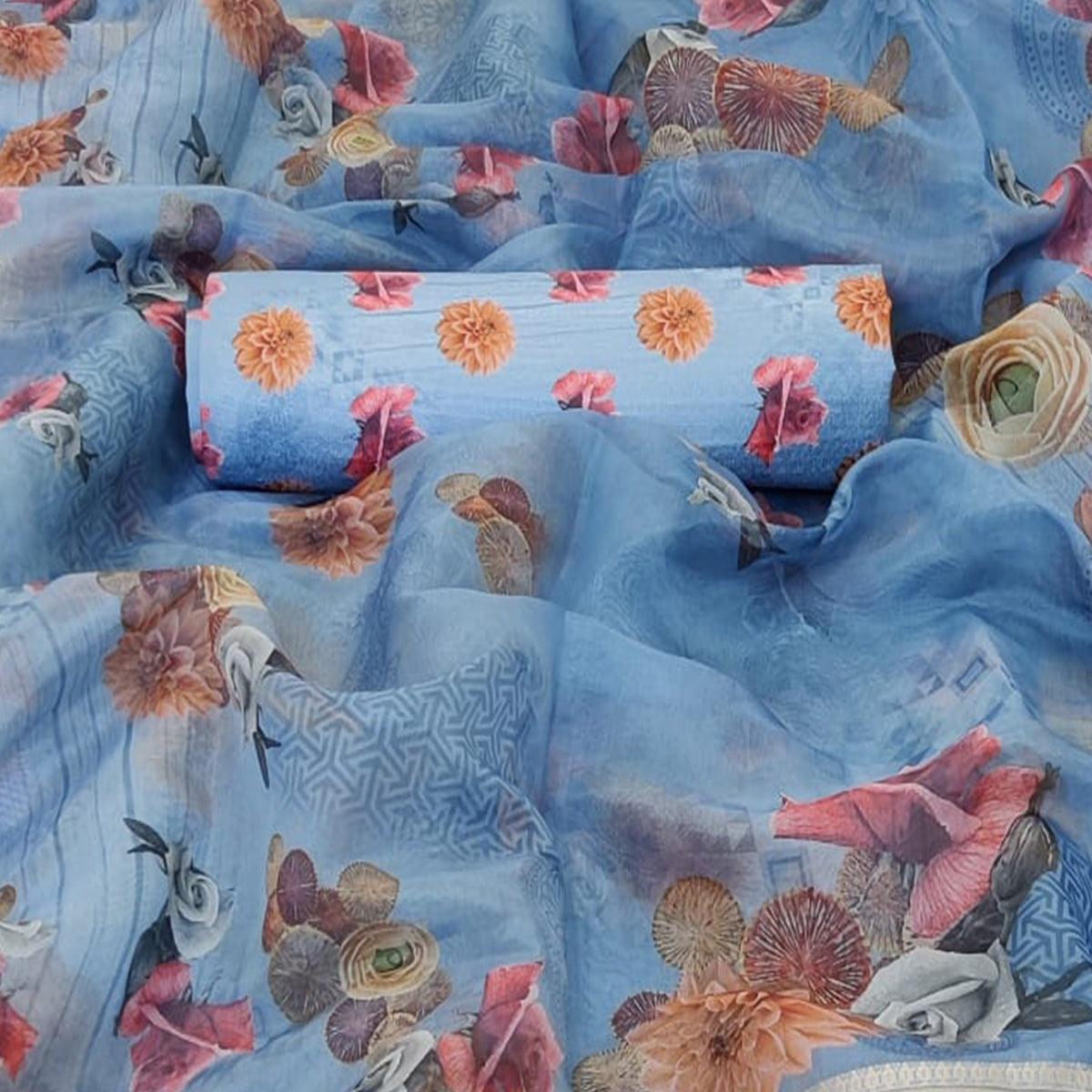 Fantastic Light Blue Colored Partywear Digital Printed Georgette Saree - Peachmode