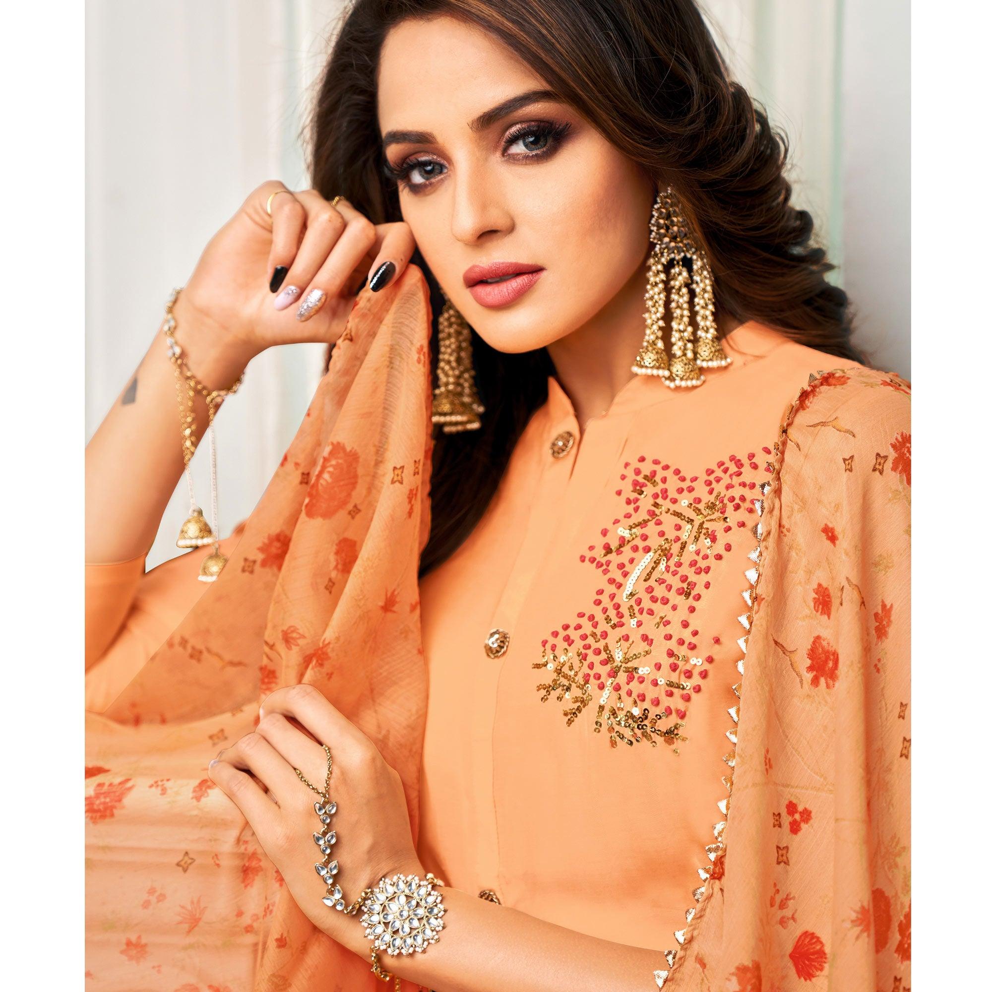 Fantastic Light Orange Colored Casual Wear Embroidered Chanderi Dress Material - Peachmode