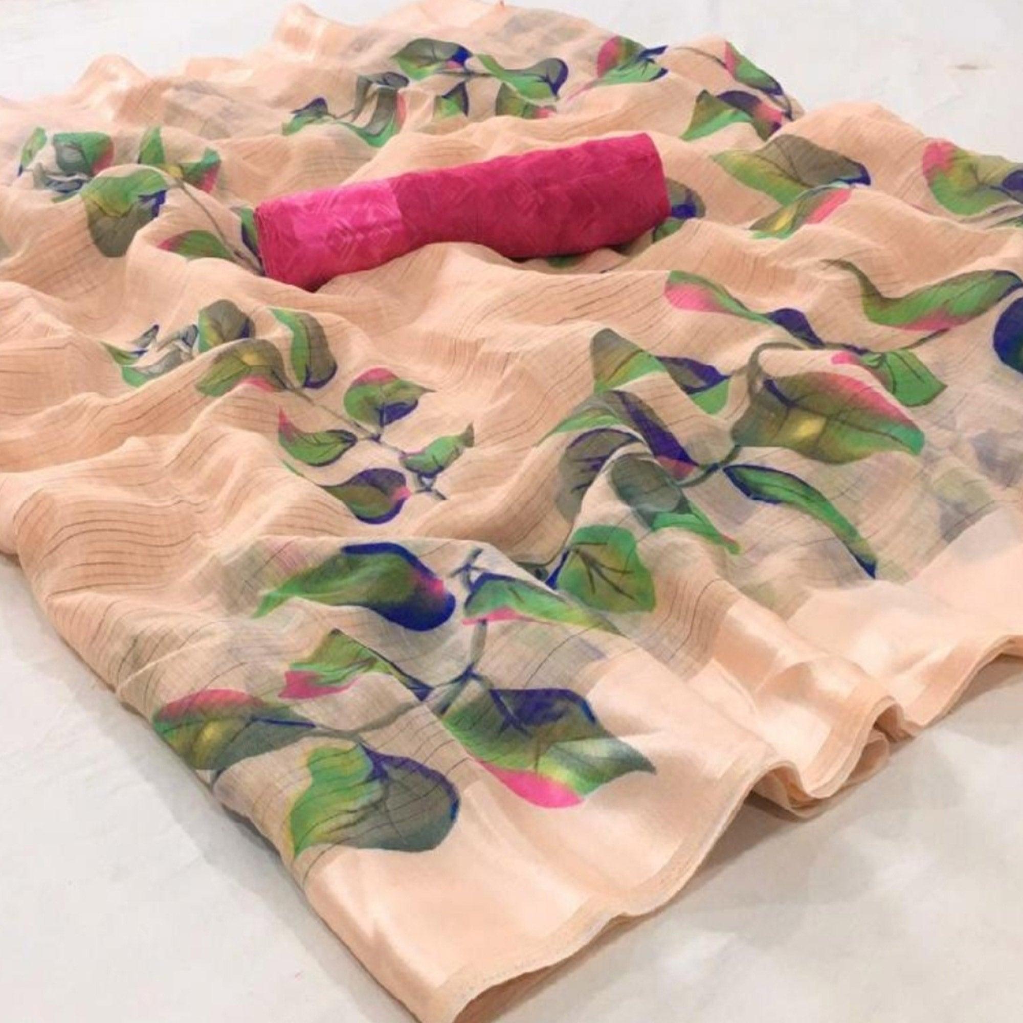Fantastic Light Peach Colored Casual Wear Floral Printed Linen Saree - Peachmode
