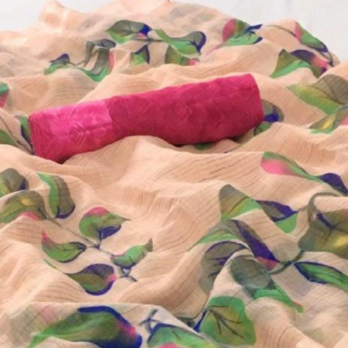 Fantastic Light Peach Colored Casual Wear Floral Printed Linen Saree - Peachmode