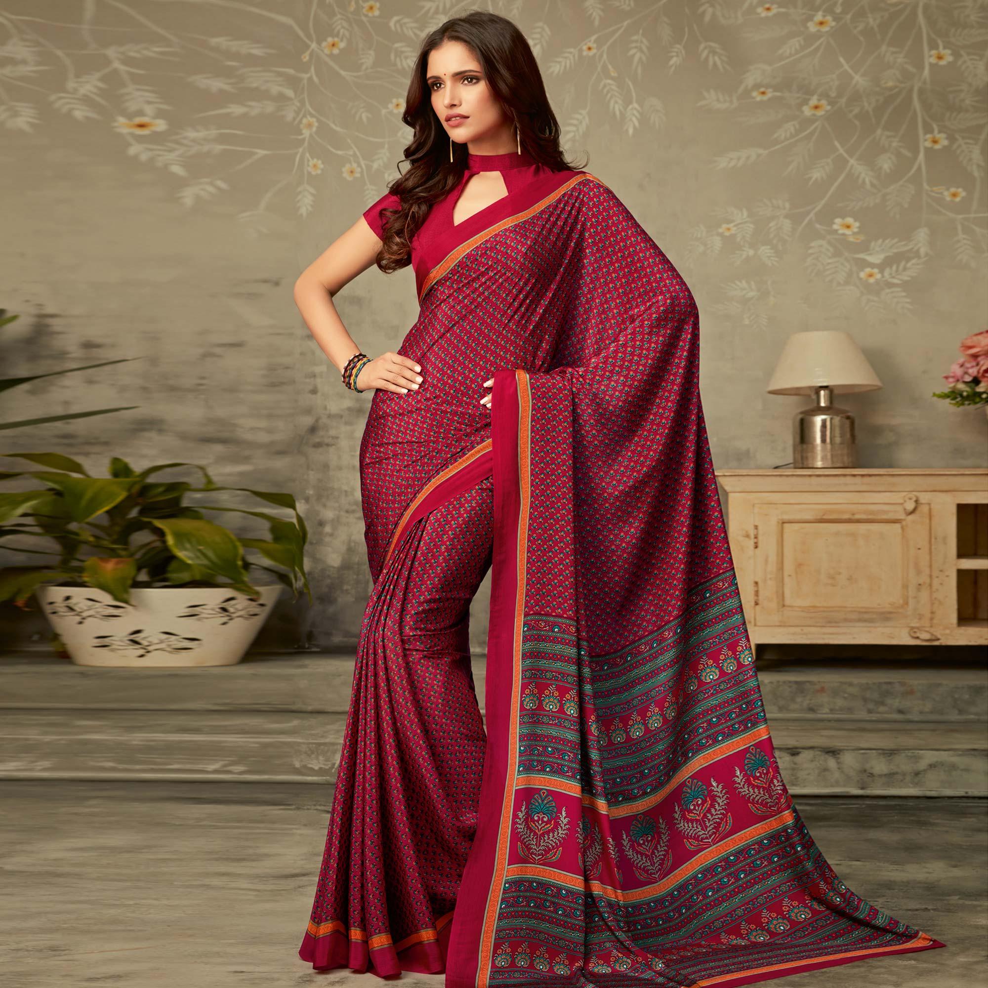Fantastic Maroon Colored Partywear Printed Crepe Saree - Peachmode