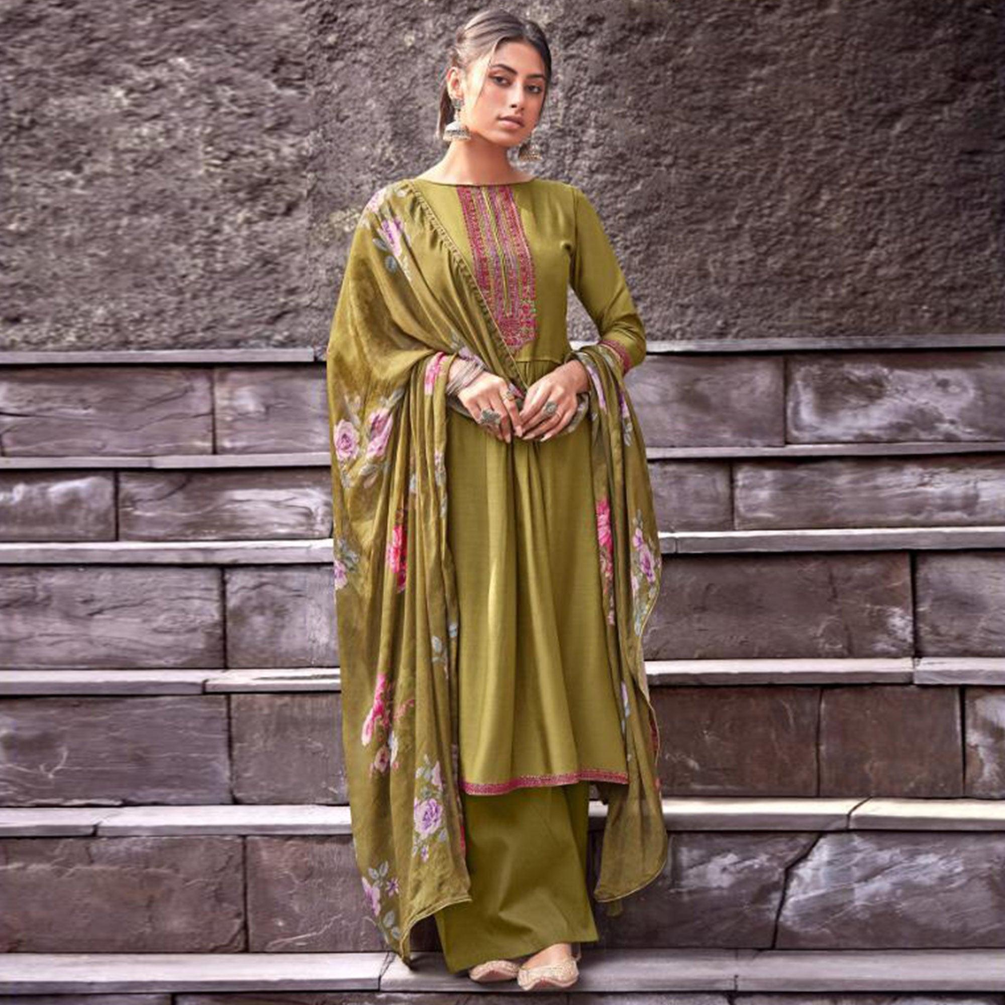 Fantastic Mehendi Green Colored Partywear Printed Viscose Muslin Suit - Peachmode