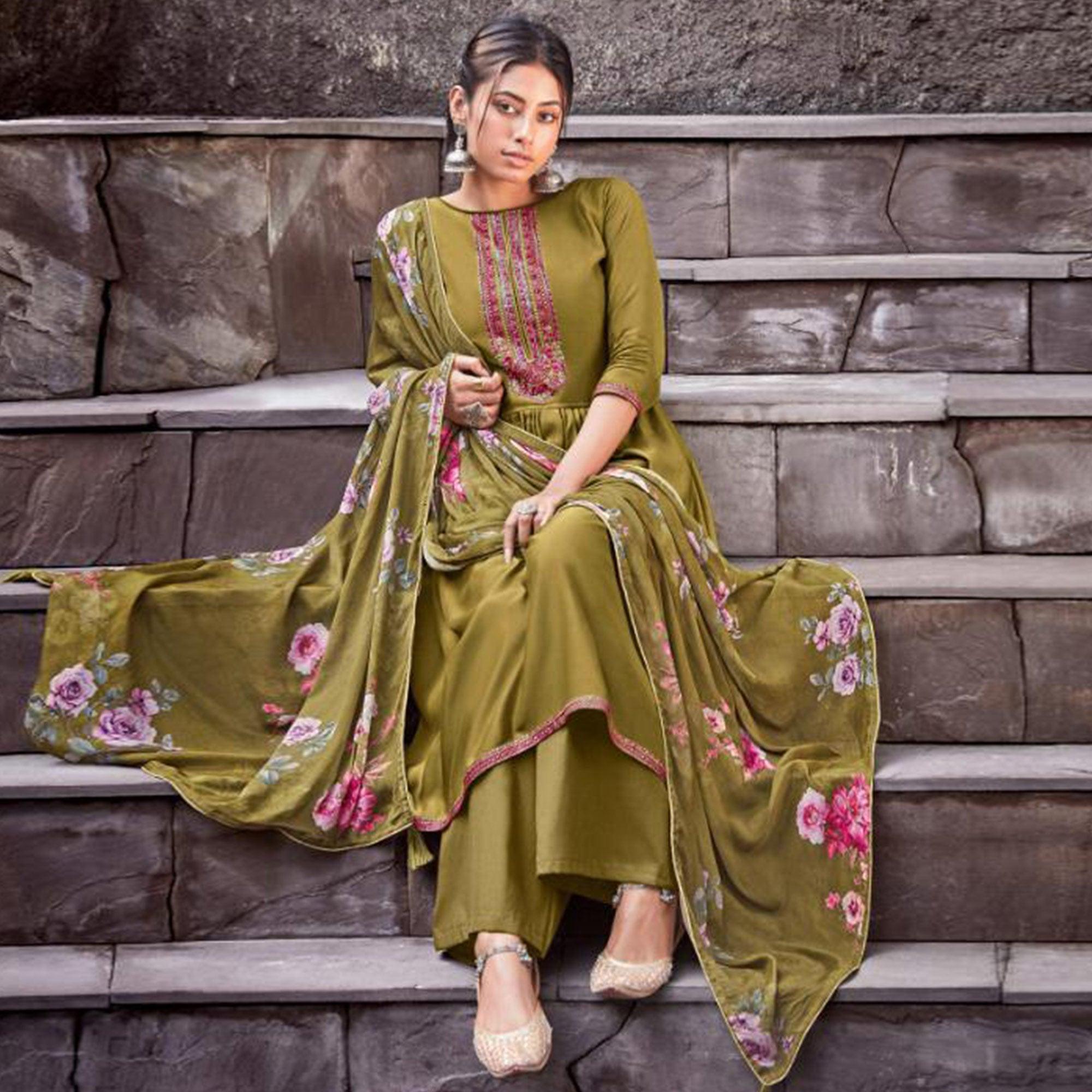 Fantastic Mehendi Green Colored Partywear Printed Viscose Muslin Suit - Peachmode