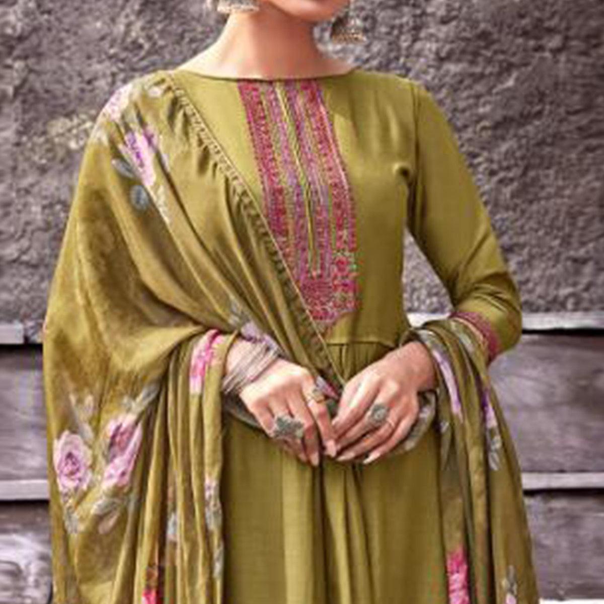 Fantastic Mehendi Green Colored Partywear Printed Viscose Muslin Suit - Peachmode