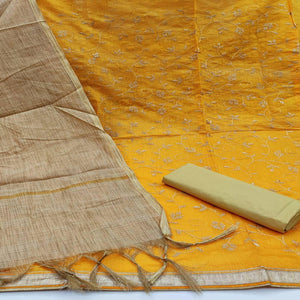 Fantastic Mustard Yellow Colored Casual Wear Embroidered Chanderi Dress Material - Peachmode