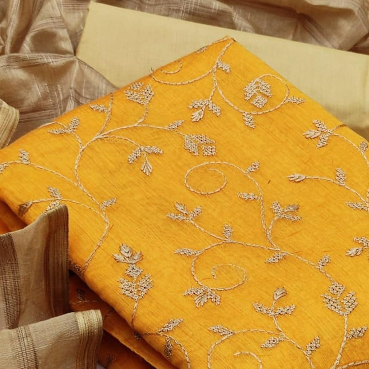 Fantastic Mustard Yellow Colored Casual Wear Embroidered Chanderi Dress Material - Peachmode