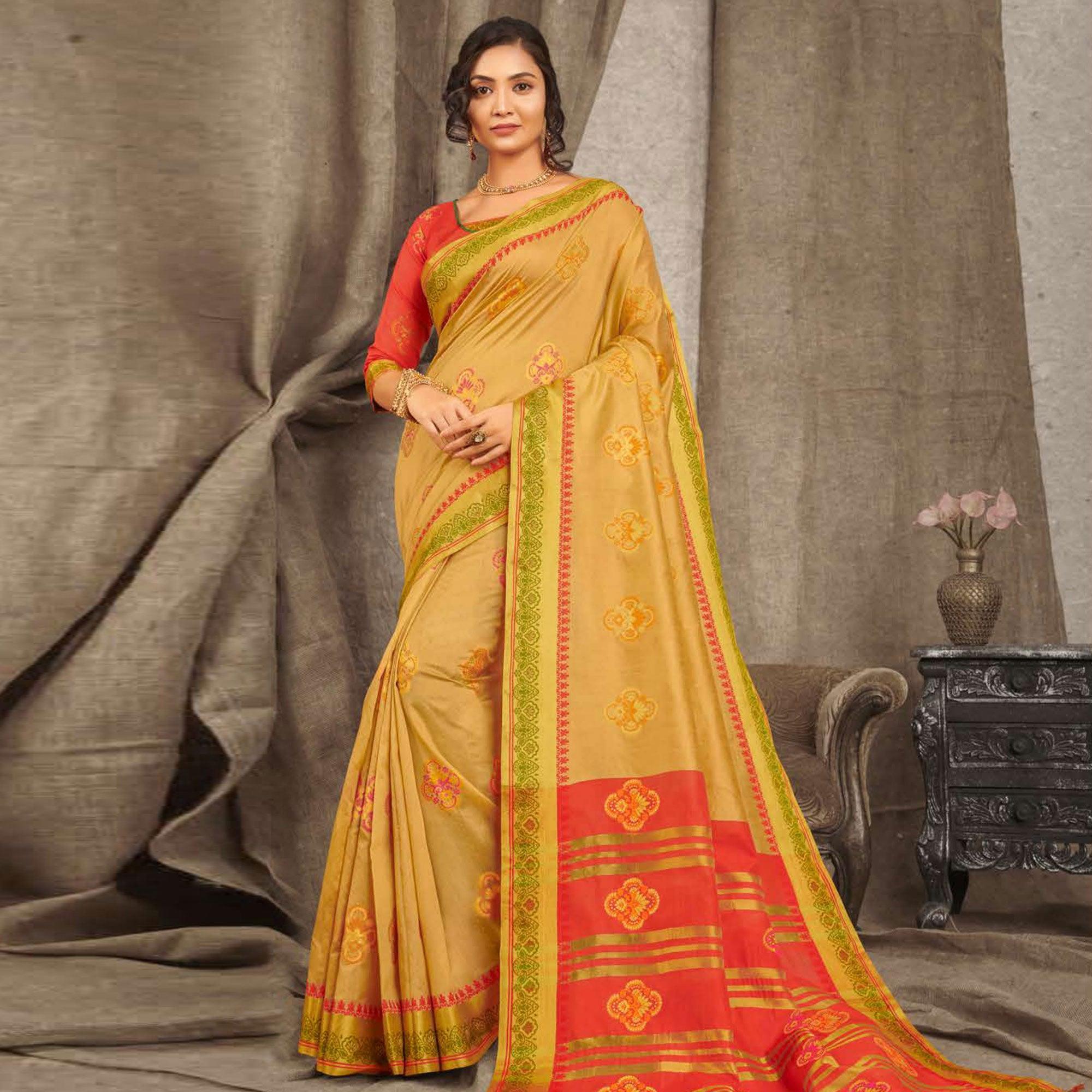 Fantastic Mustard Yellow Colored Festive Wear Woven Cotton Handloom Saree - Peachmode