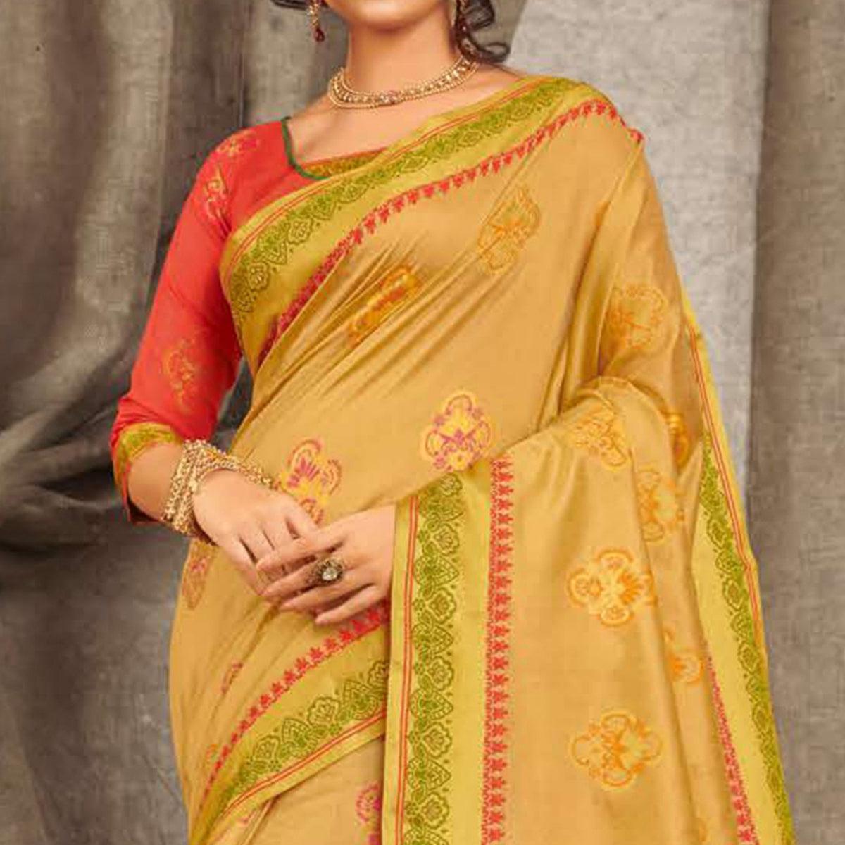 Fantastic Mustard Yellow Colored Festive Wear Woven Cotton Handloom Saree - Peachmode