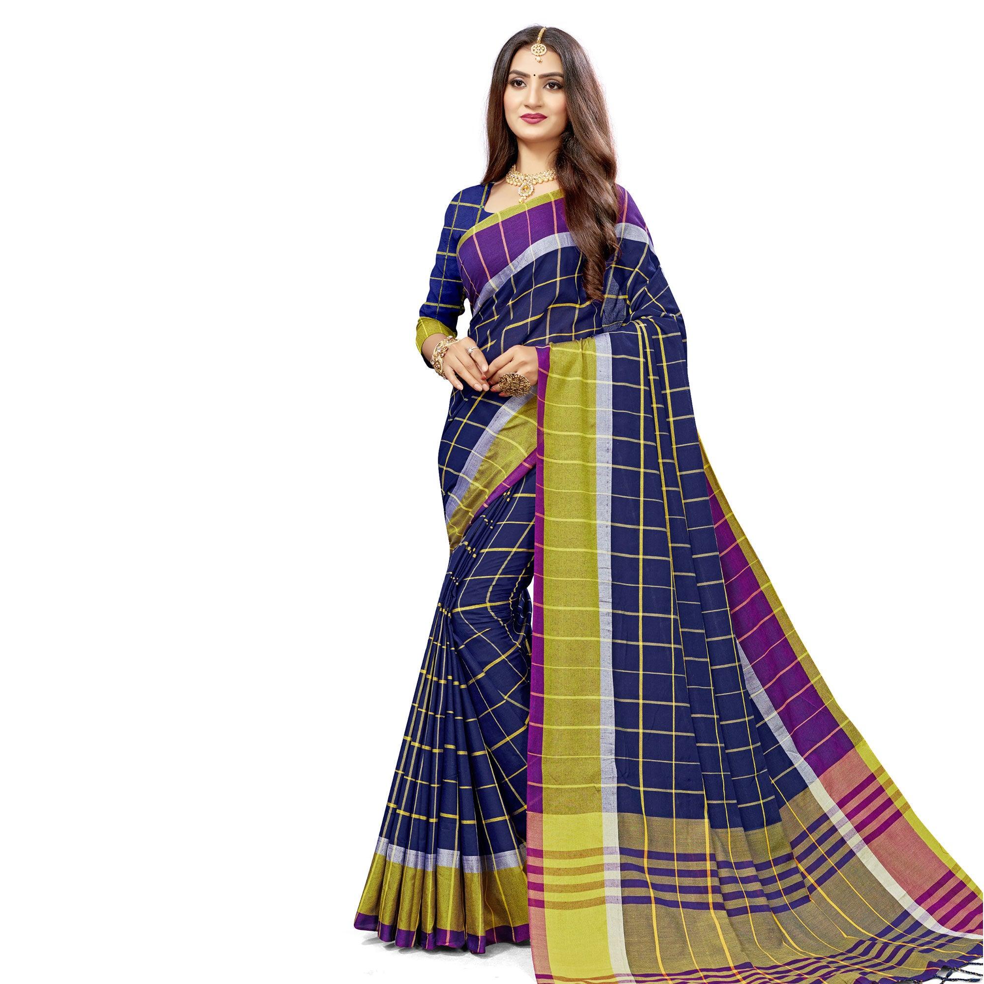 Fantastic Navy Blue Colored Festive Wear Stripe Printed Cotton Silk Saree With Tassels - Peachmode