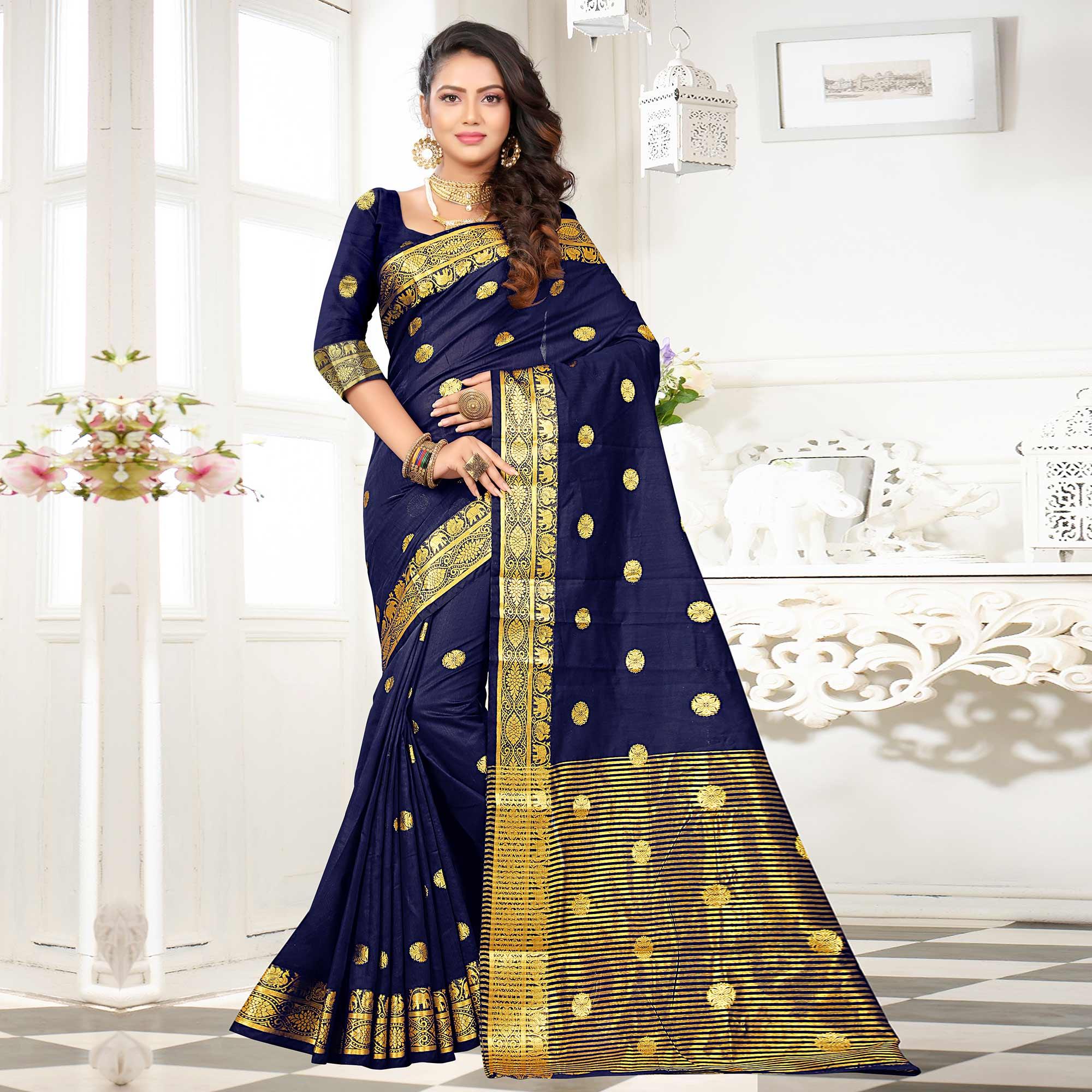 Fantastic Navy Blue Colored Festive Wear Woven Cotton Silk Saree - Peachmode