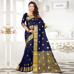 Fantastic Navy Blue Colored Festive Wear Woven Cotton Silk Saree - Peachmode
