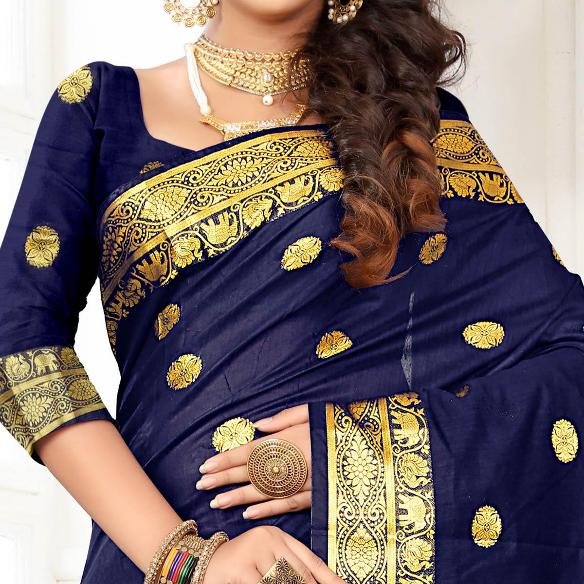 Fantastic Navy Blue Colored Festive Wear Woven Cotton Silk Saree - Peachmode