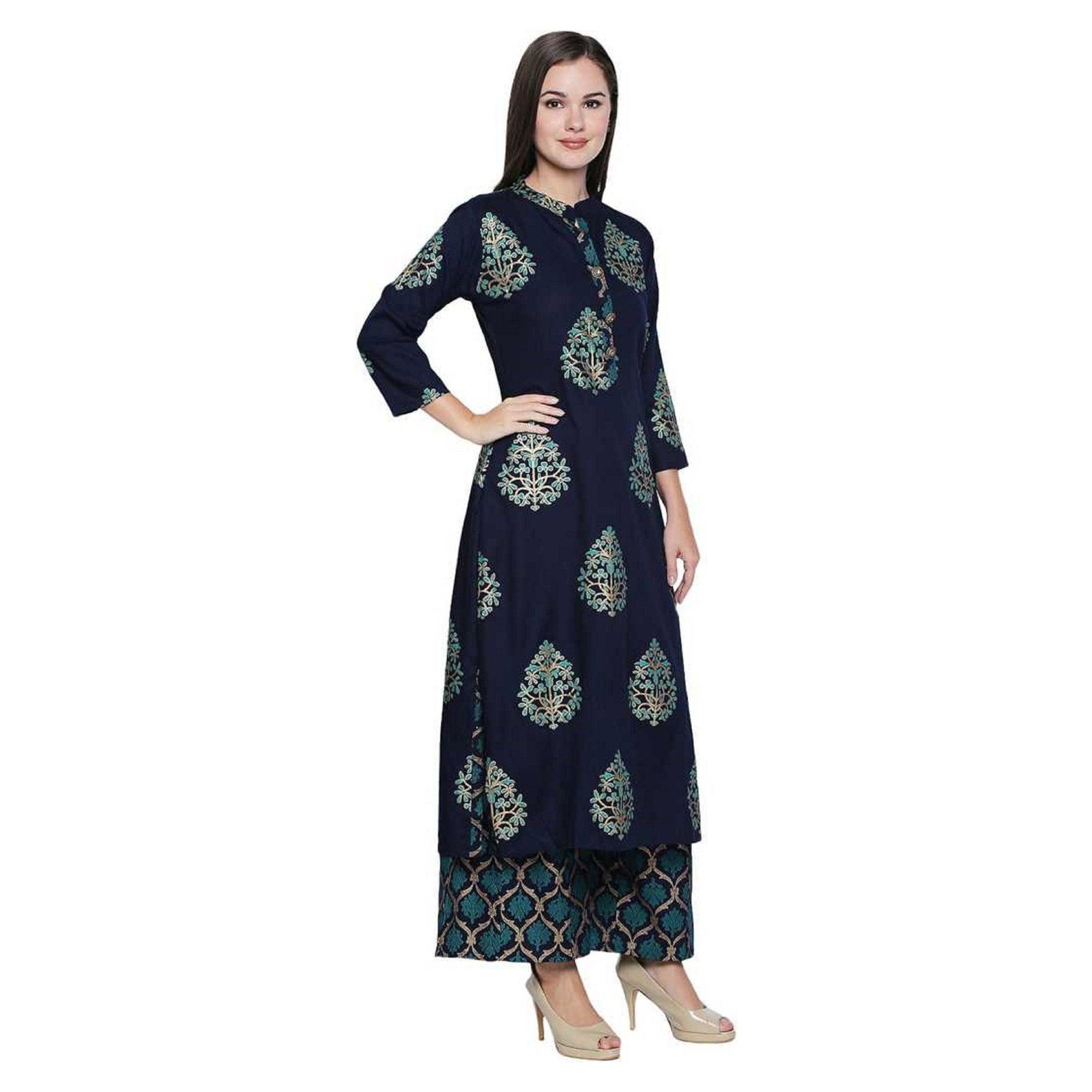 Fantastic Navy Blue Colored Party Wear Foil Printed Cotton Kurti-Palazzo Set - Peachmode