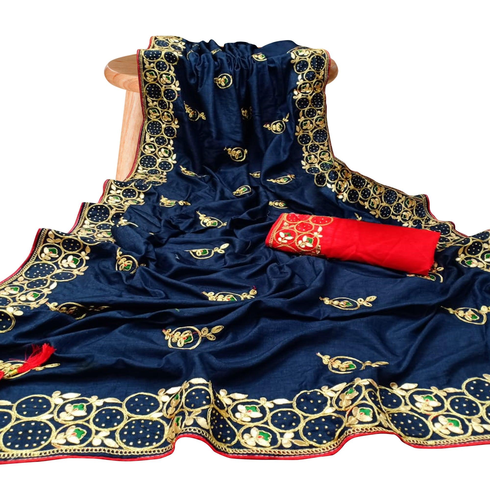 Fantastic Navy Blue Colored Partywear Embroidered Silk Saree - Peachmode