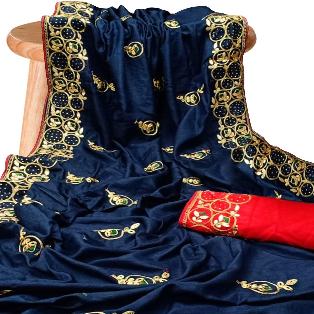 Fantastic Navy Blue Colored Partywear Embroidered Silk Saree - Peachmode