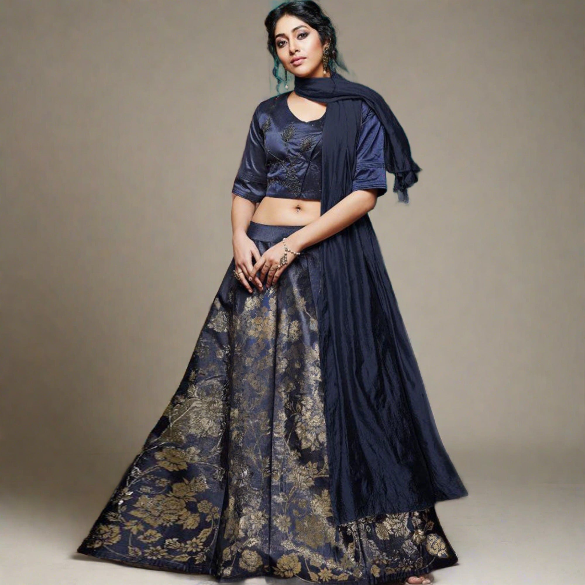 Fantastic Navy Blue Colored Partywear Embroidery Banarasi Silk Lehenga Choli - Peachmode