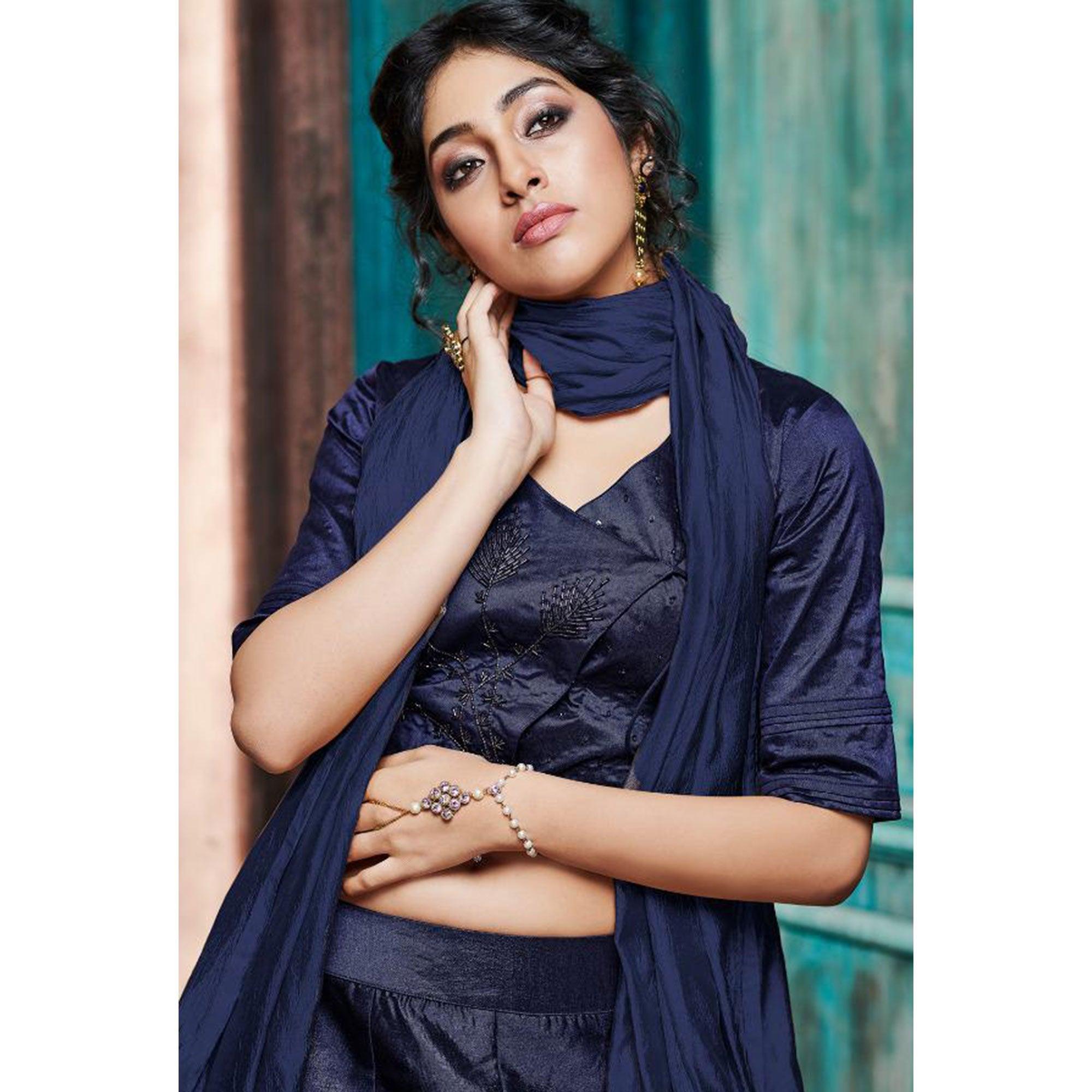 Fantastic Navy Blue Colored Partywear Embroidery Banarasi Silk Lehenga Choli - Peachmode