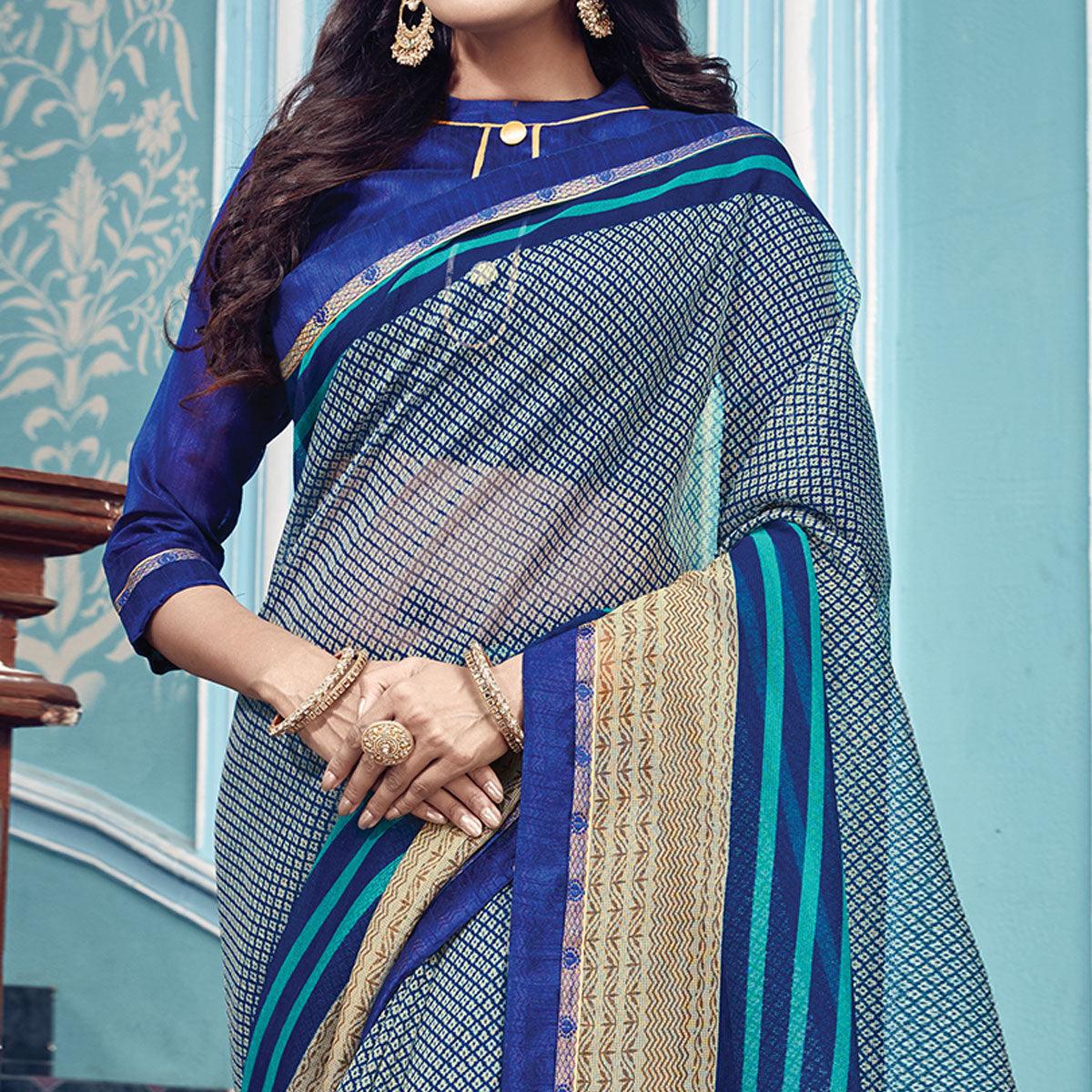 Fantastic Navy Blue Colored Partywear Printed Silk Saree - Peachmode