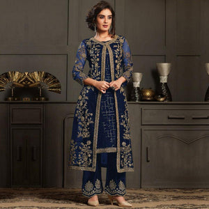 Fantastic Navy Blue Coloured Party Wear Floral Embroidered Butterfly Net Pakistani Straight Suit - Peachmode