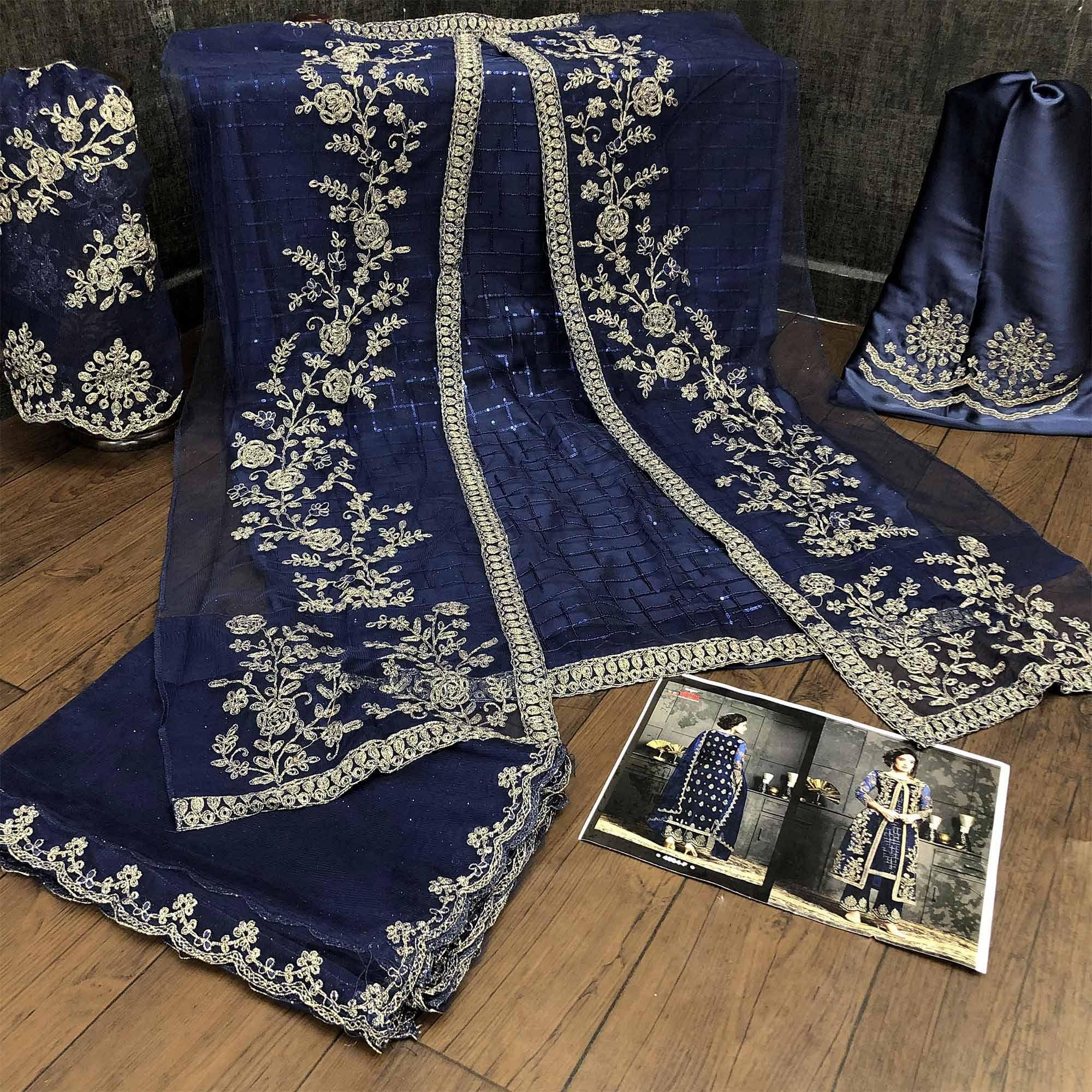 Fantastic Navy Blue Coloured Party Wear Floral Embroidered Butterfly Net Pakistani Straight Suit - Peachmode
