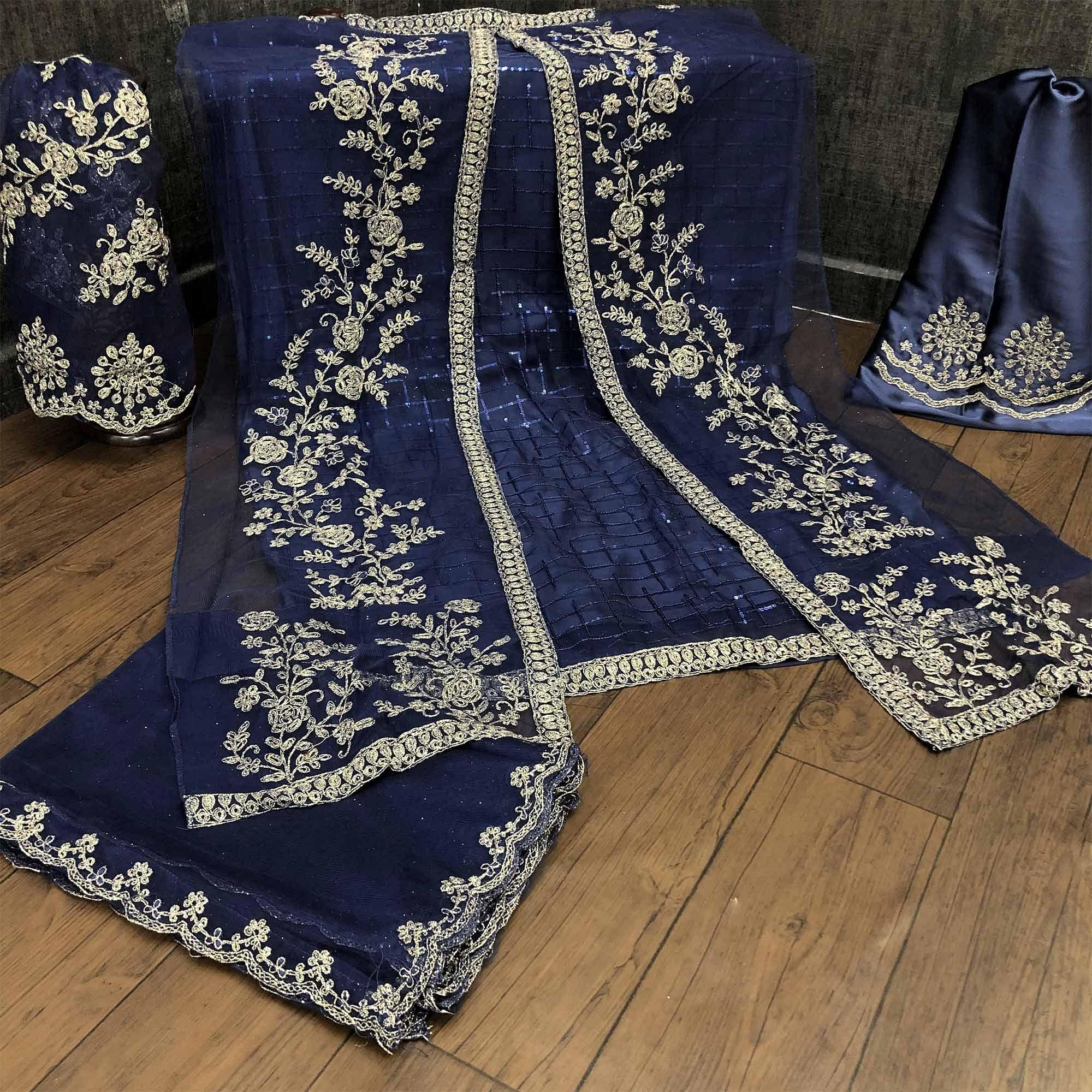Fantastic Navy Blue Coloured Party Wear Floral Embroidered Butterfly Net Pakistani Straight Suit - Peachmode
