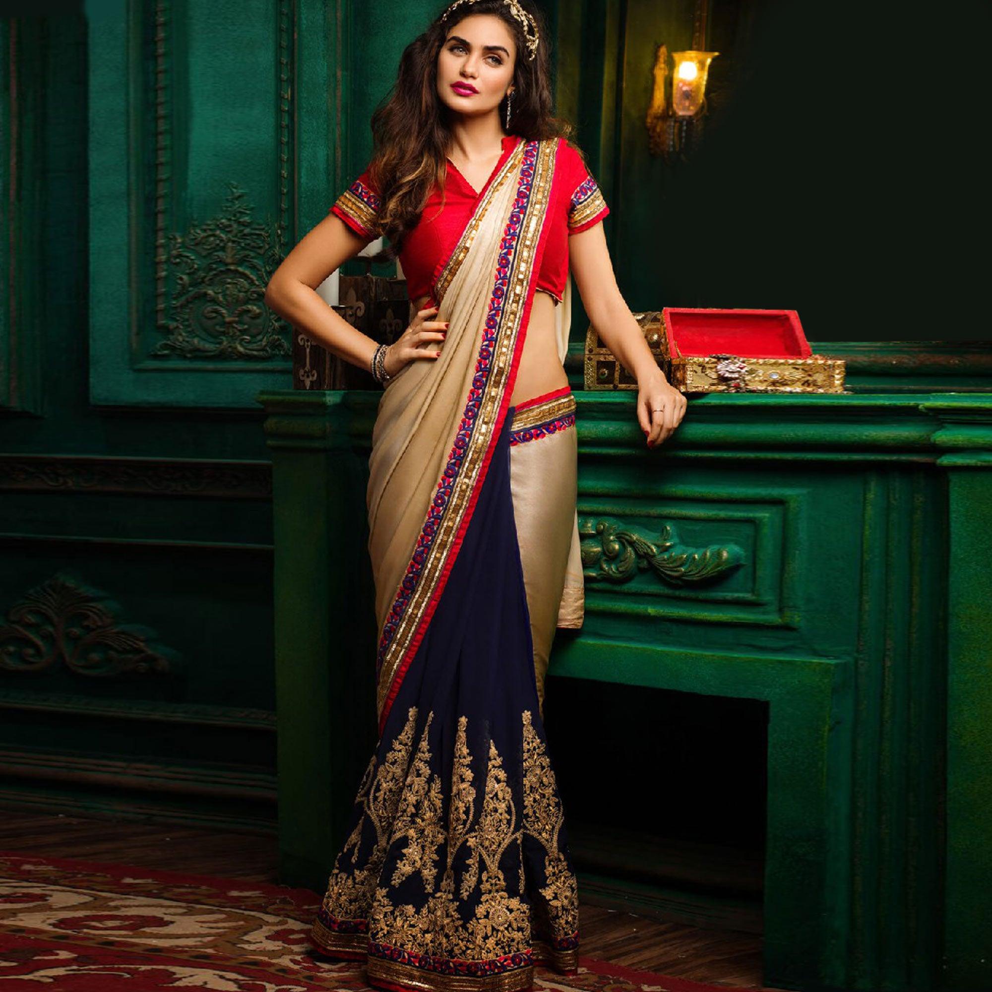 Fantastic Navy Blue-Golden Colored Party Wear Embroidered Chiffon & Art Silk Saree - Peachmode
