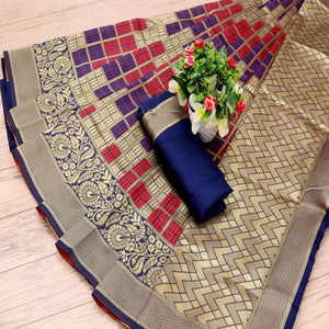 Fantastic Navy Blue - Red Colored Festive Wear Woven Art Silk Saree - Peachmode