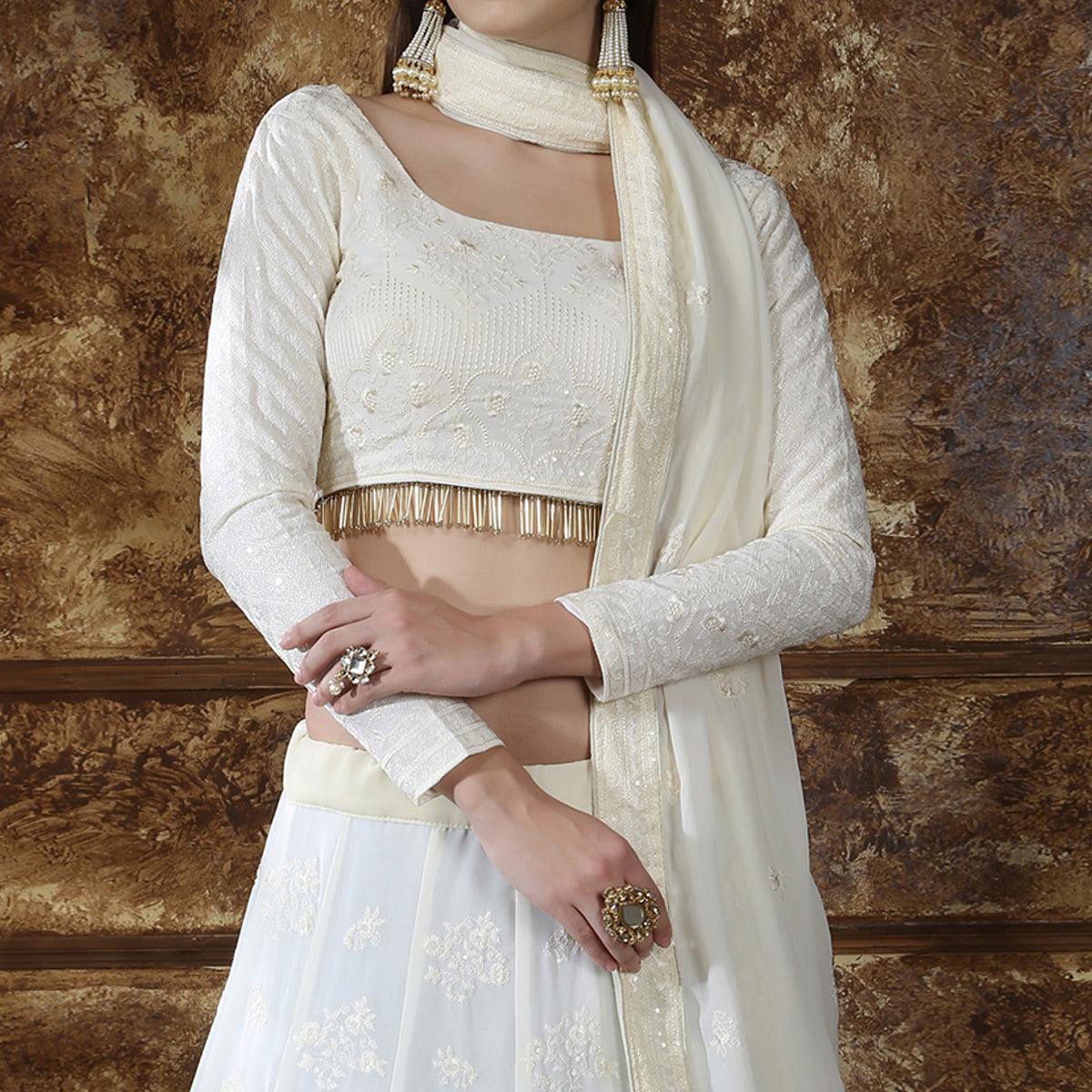 Fantastic Offwhite Colored Partywear Embroidered Gerogette Lehenga Choli - Peachmode