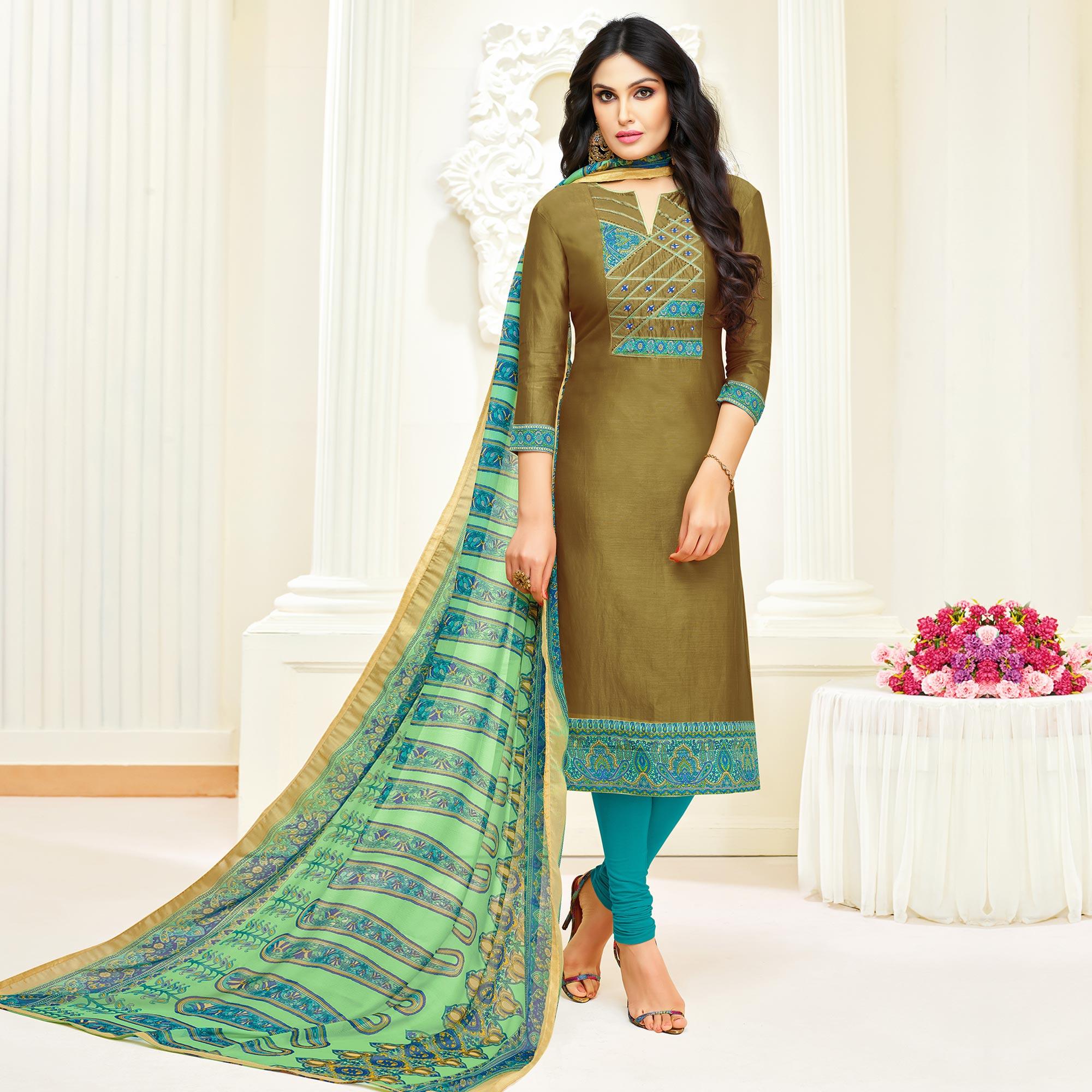 Fantastic Olive Green Colored Partywear Embroidered Cotton Suit - Peachmode