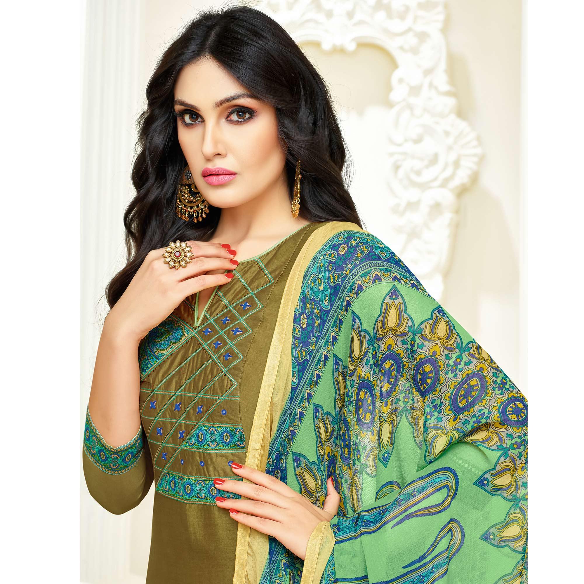 Fantastic Olive Green Colored Partywear Embroidered Cotton Suit - Peachmode