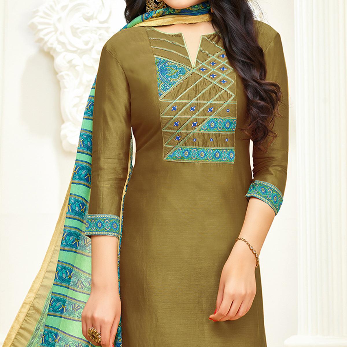 Fantastic Olive Green Colored Partywear Embroidered Cotton Suit - Peachmode