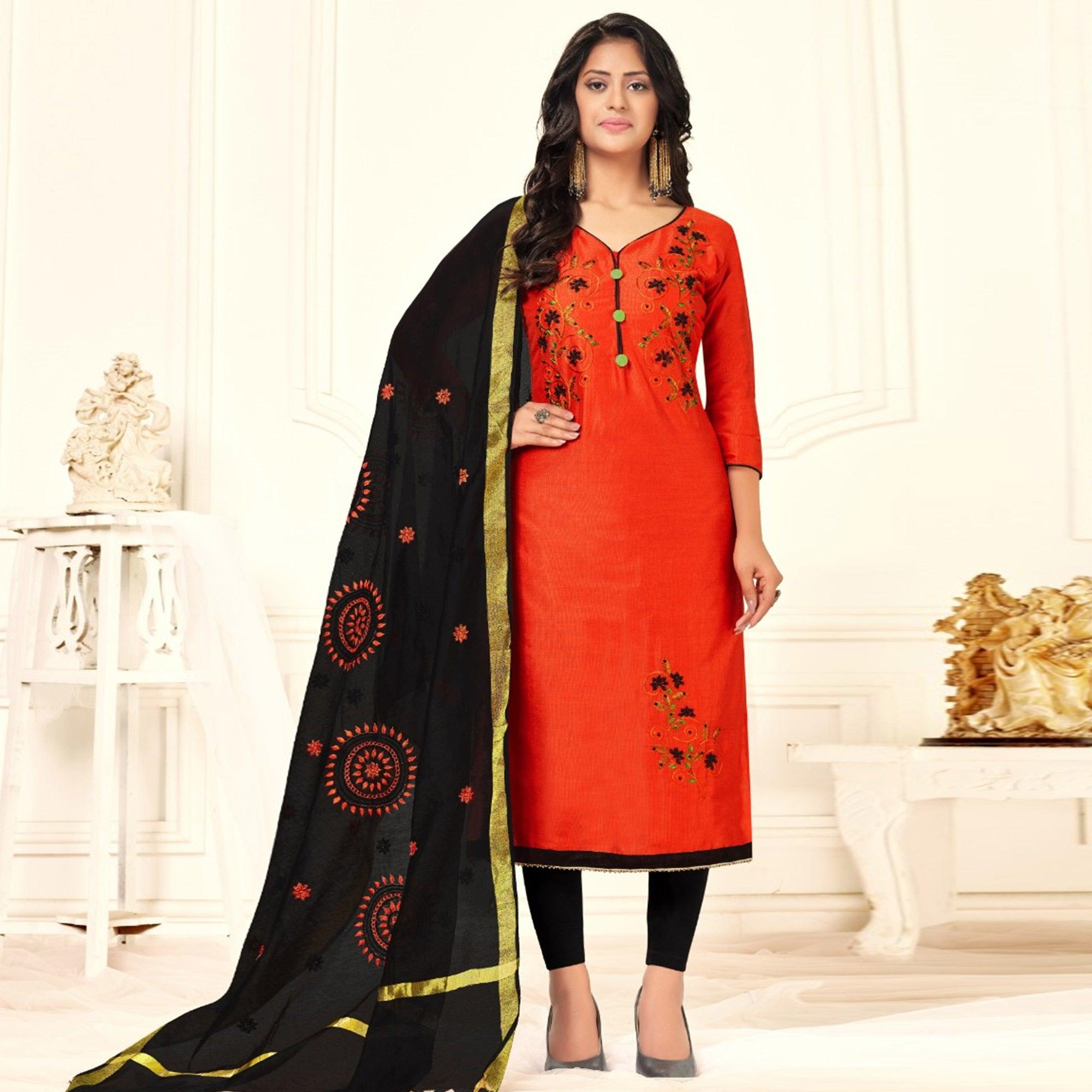 Fantastic Orange Colored Casual Wear Embroidered Cotton Dress Material - Peachmode