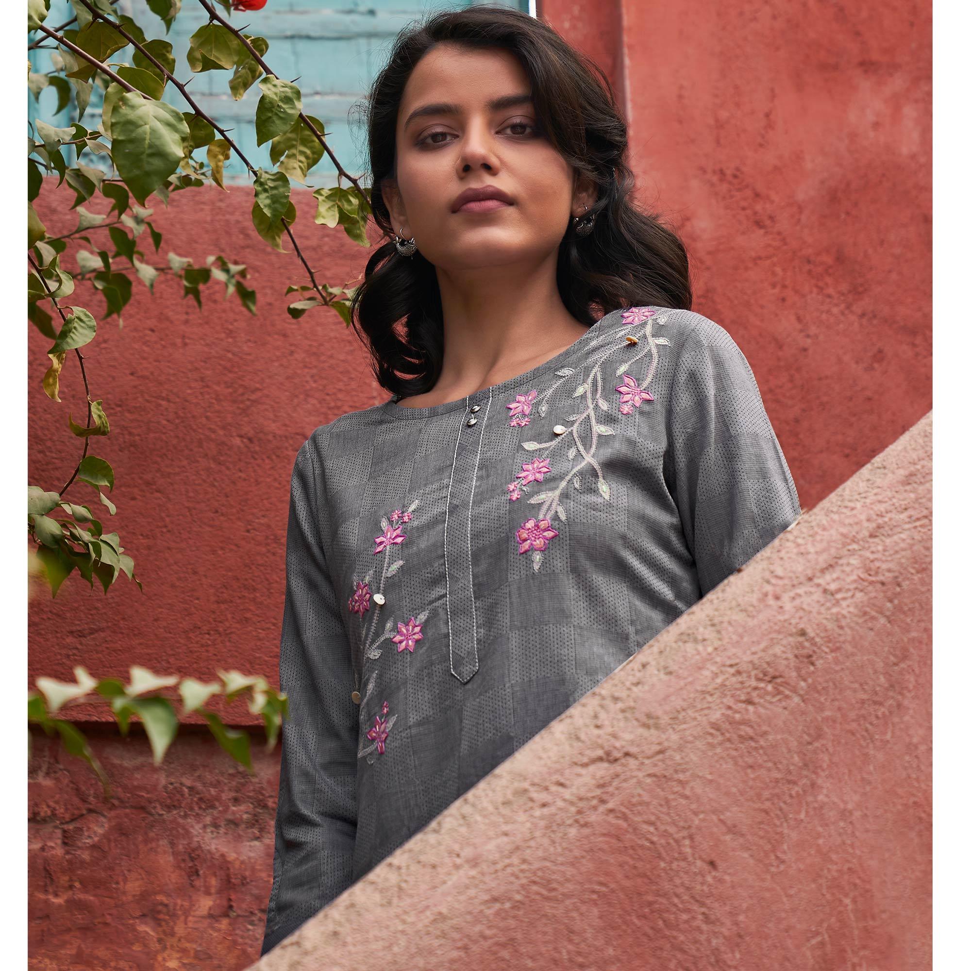 Fantastic Orange Colored Casual Wear Embroidered Pure Cotton Kurti - Peachmode