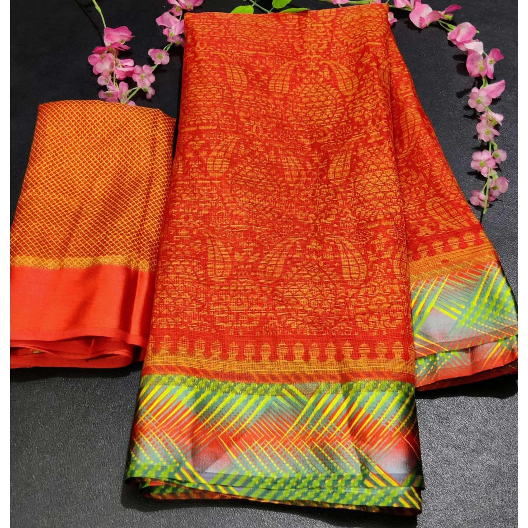 Fantastic Orange Colored Casual Wear Printed Silk Saree - Peachmode