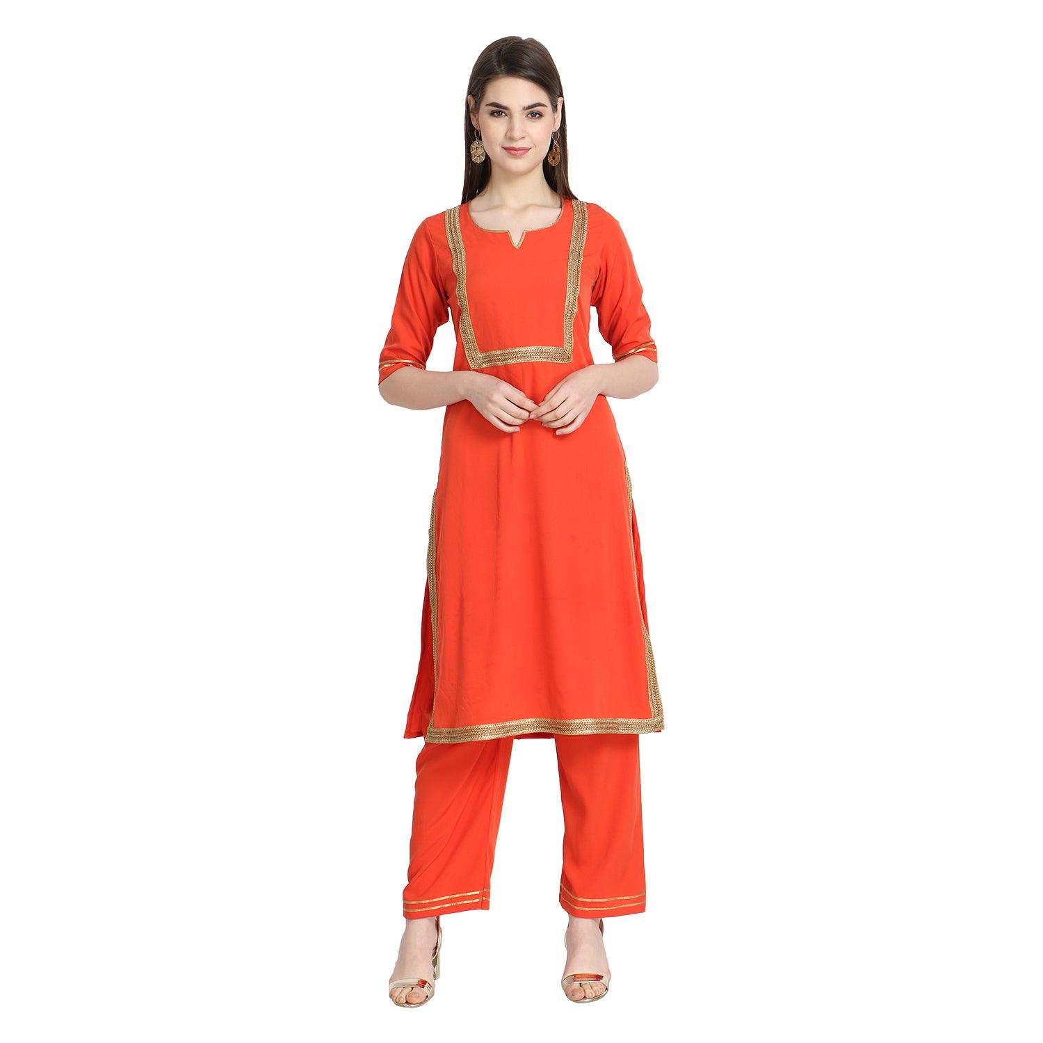 Fantastic Orange Colored Casual Wear Straight Crepe Kurti-Palazzo Set - Peachmode