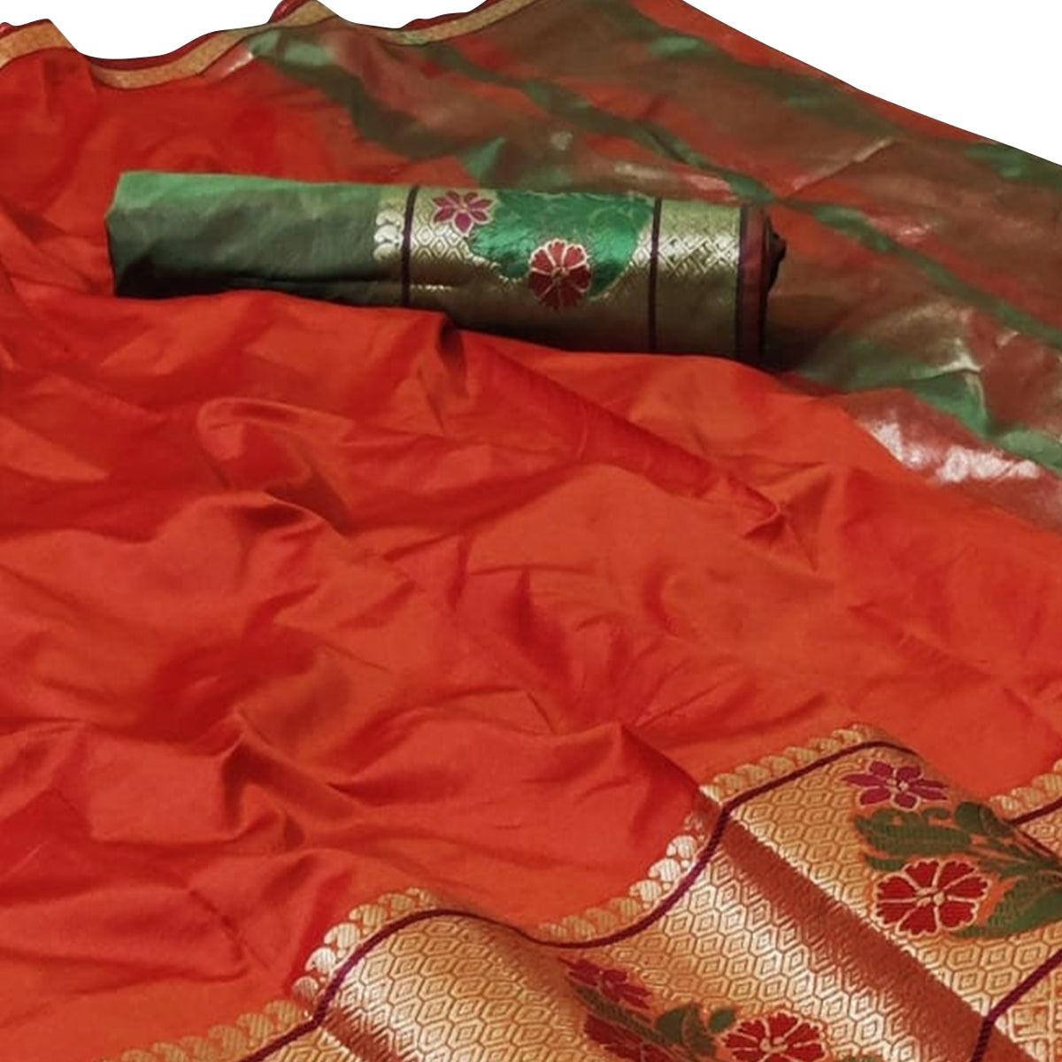 Fantastic Orange Colored Festive Wear Woven Silk Saree - Peachmode