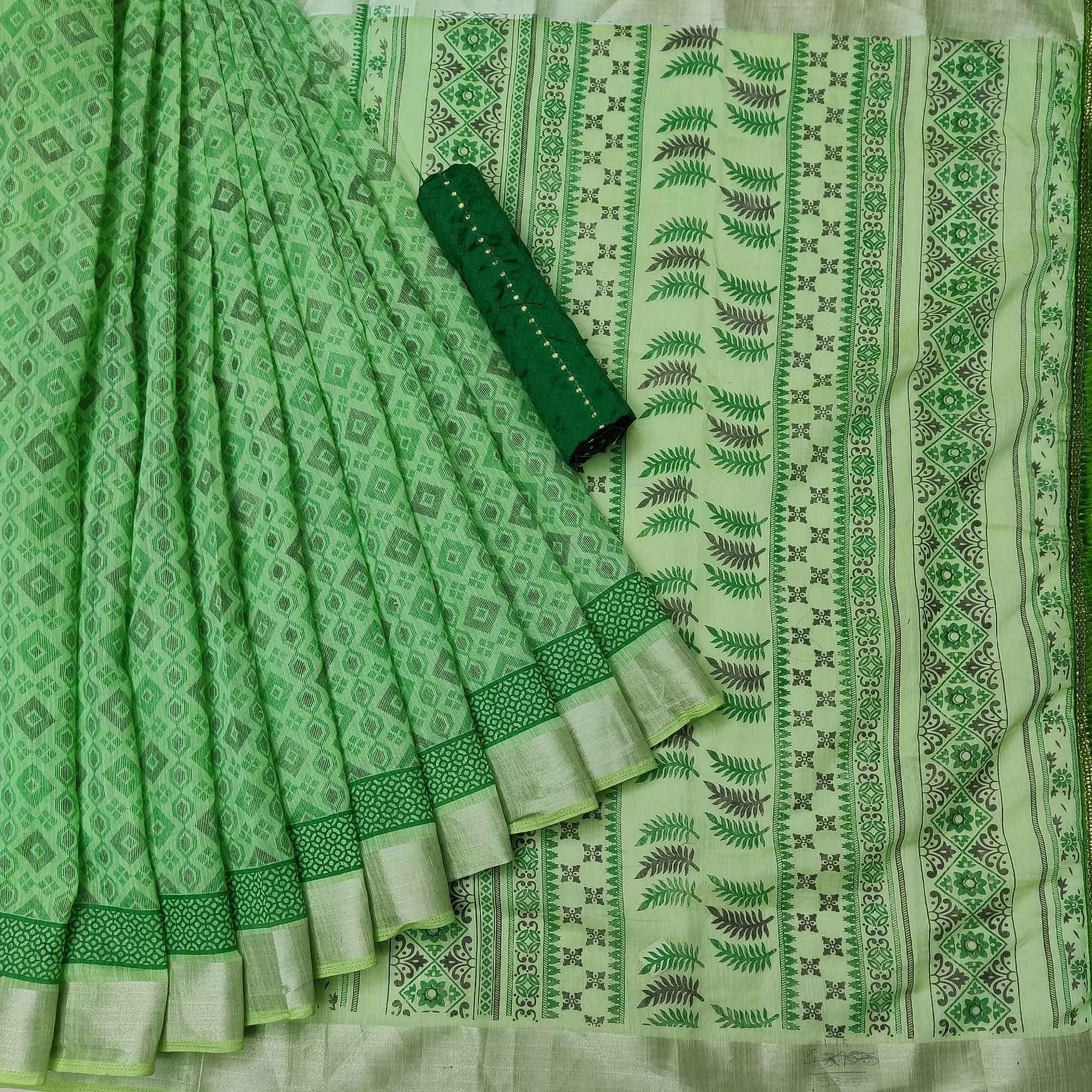 Fantastic Parrot Green Colored Casual Wear Printed Cotton Saree - Peachmode