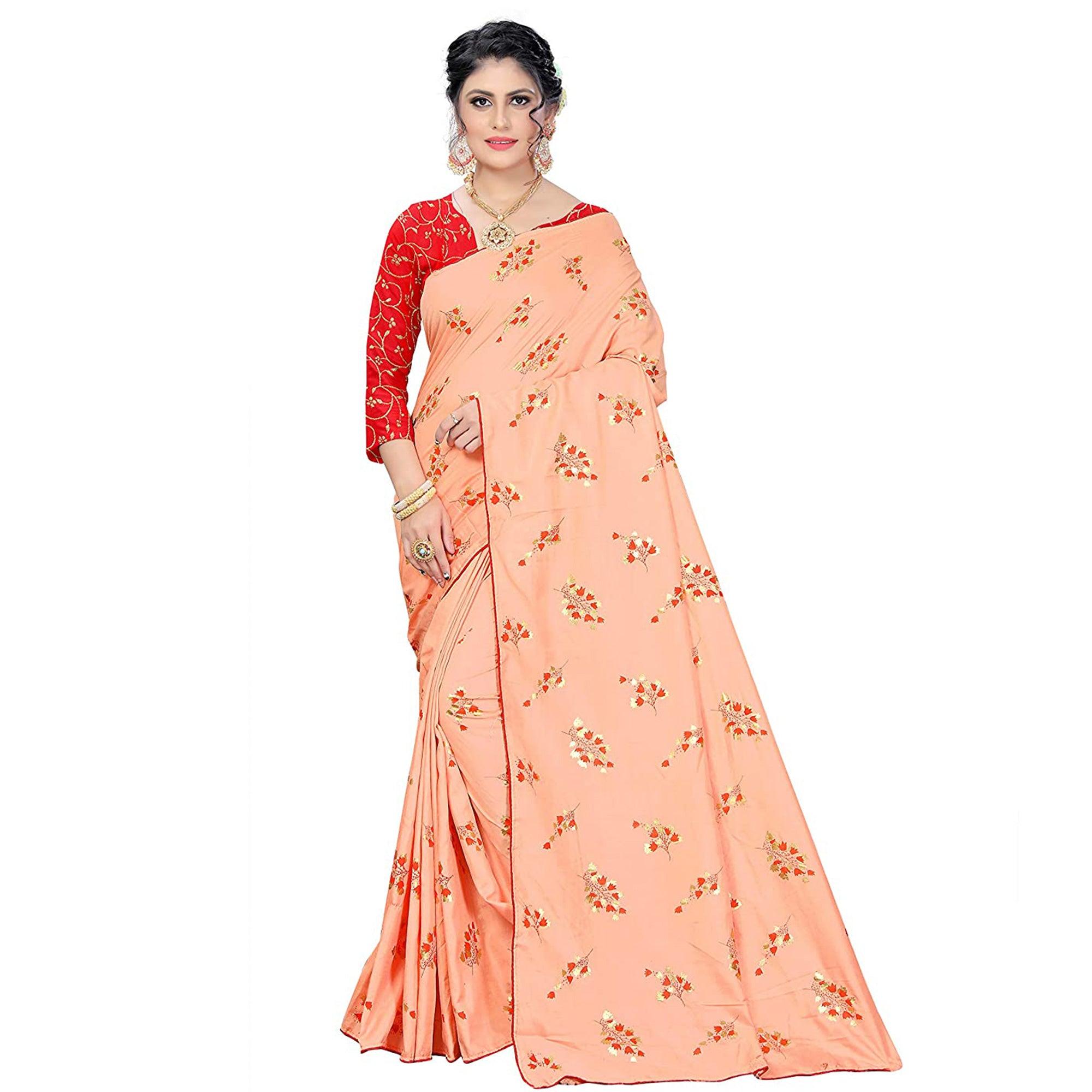 Fantastic Peach Colored Partywear Foil Work Printed Art Silk Saree - Peachmode