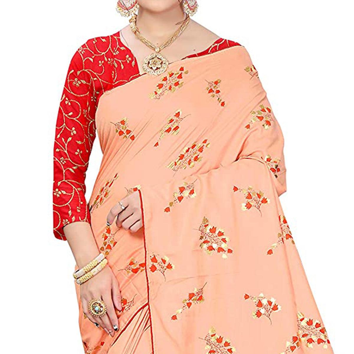 Fantastic Peach Colored Partywear Foil Work Printed Art Silk Saree - Peachmode