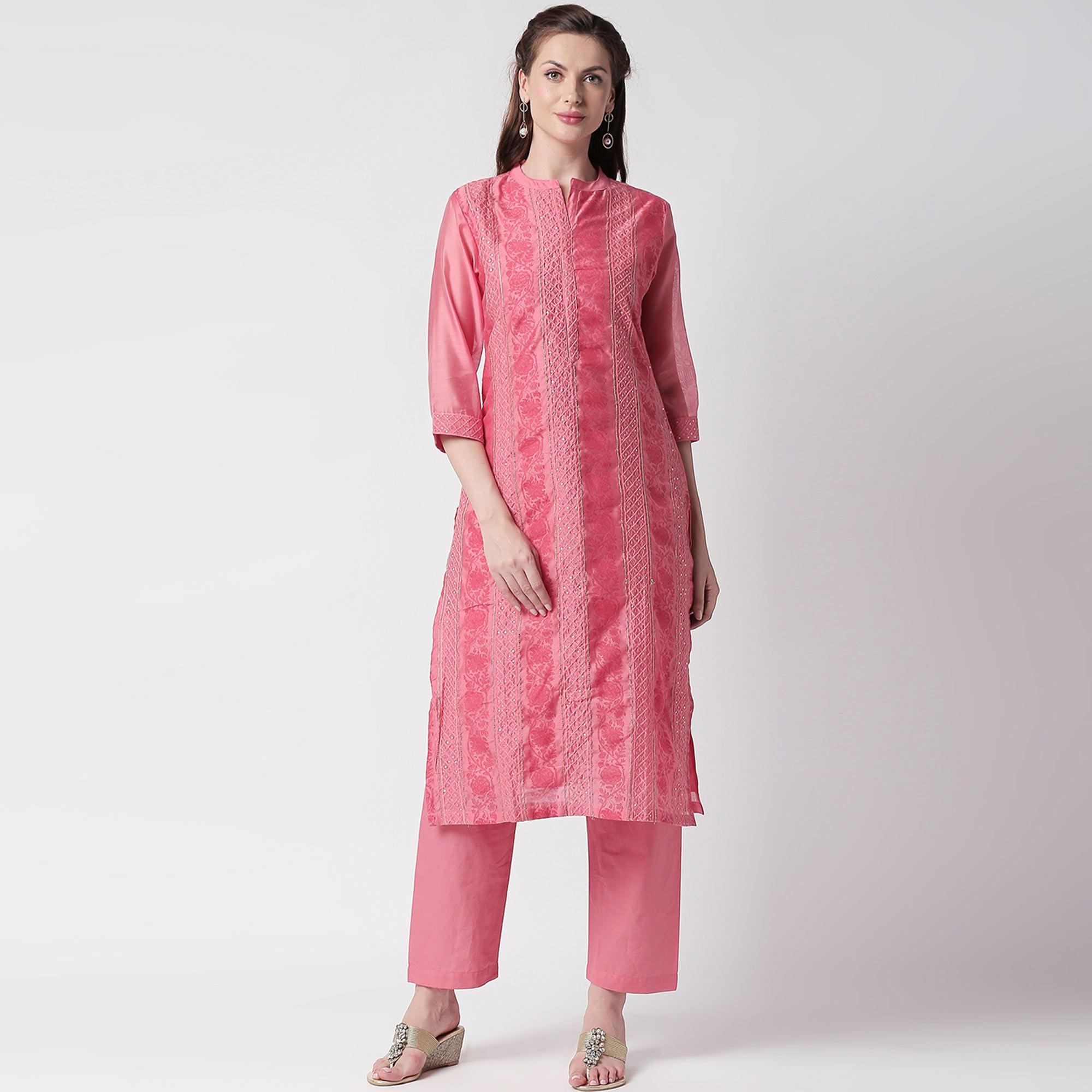 Fantastic Pink Colored Casual Embroidery Silk Suit - Peachmode