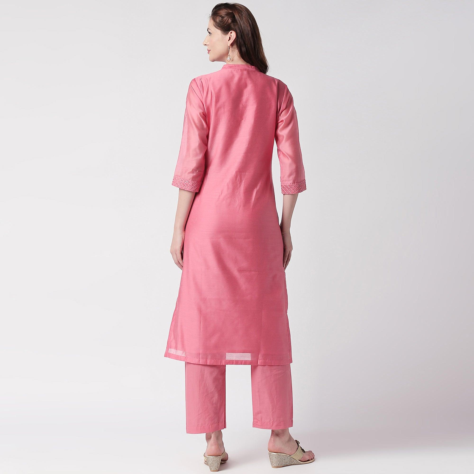 Fantastic Pink Colored Casual Embroidery Silk Suit - Peachmode