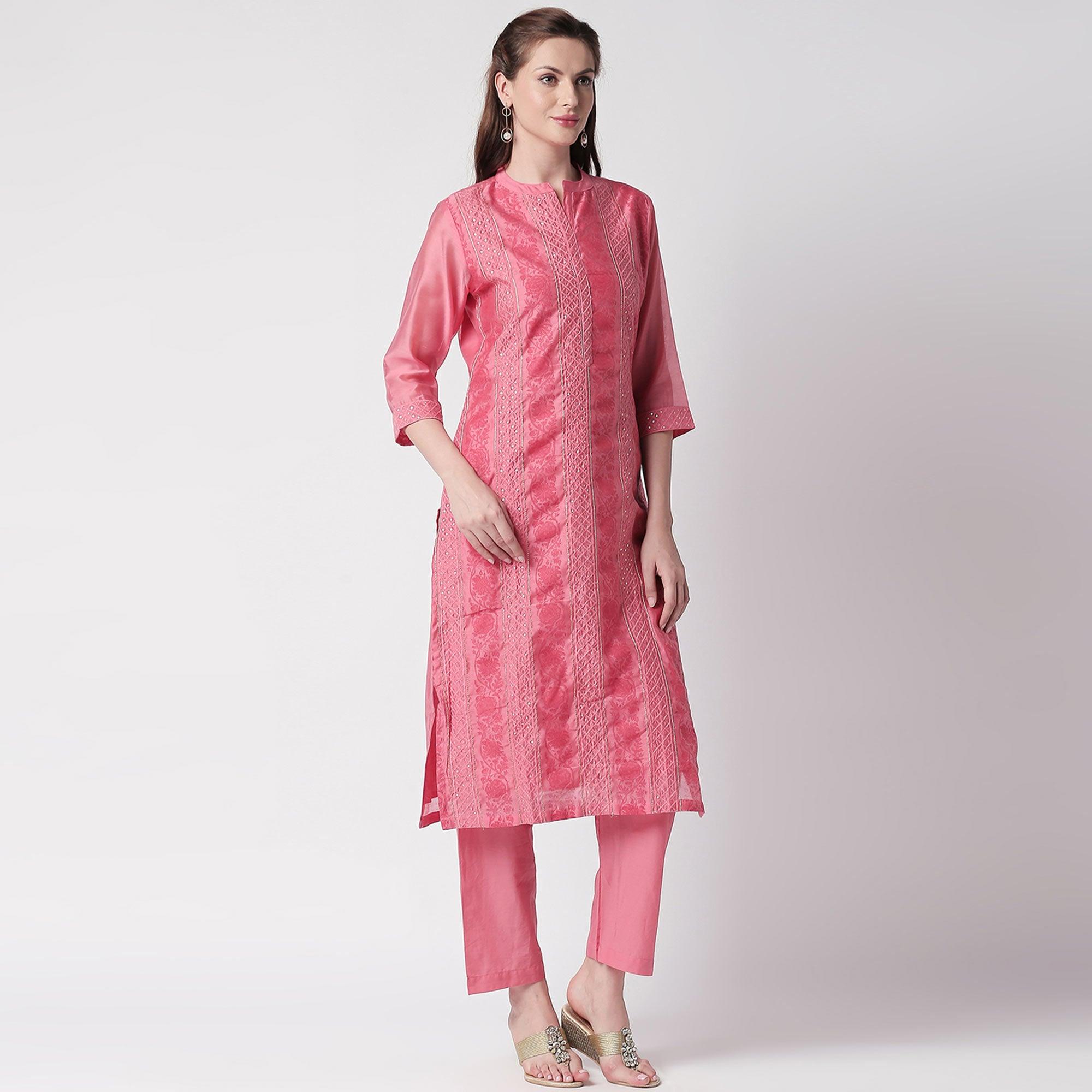 Fantastic Pink Colored Casual Embroidery Silk Suit - Peachmode