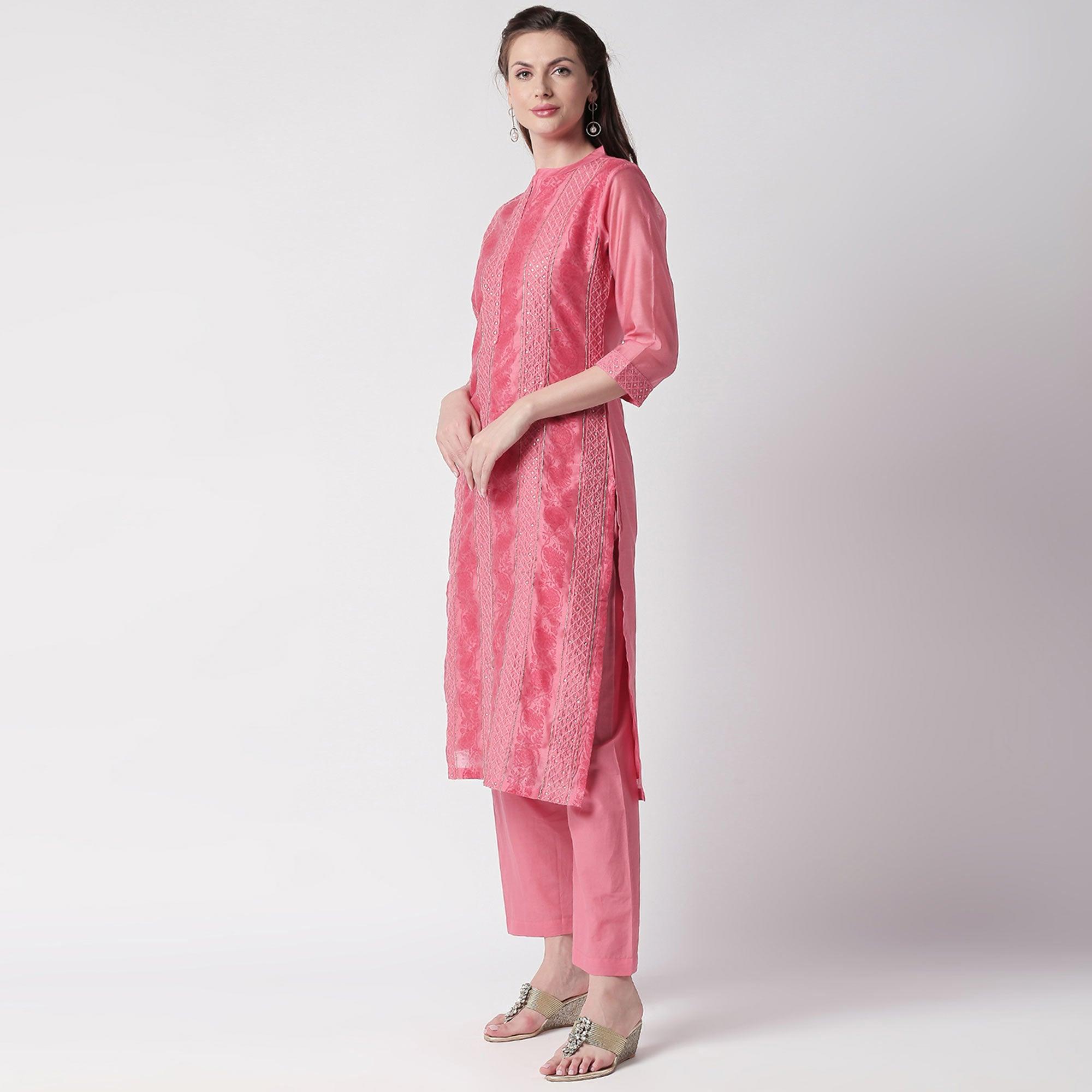 Fantastic Pink Colored Casual Embroidery Silk Suit - Peachmode